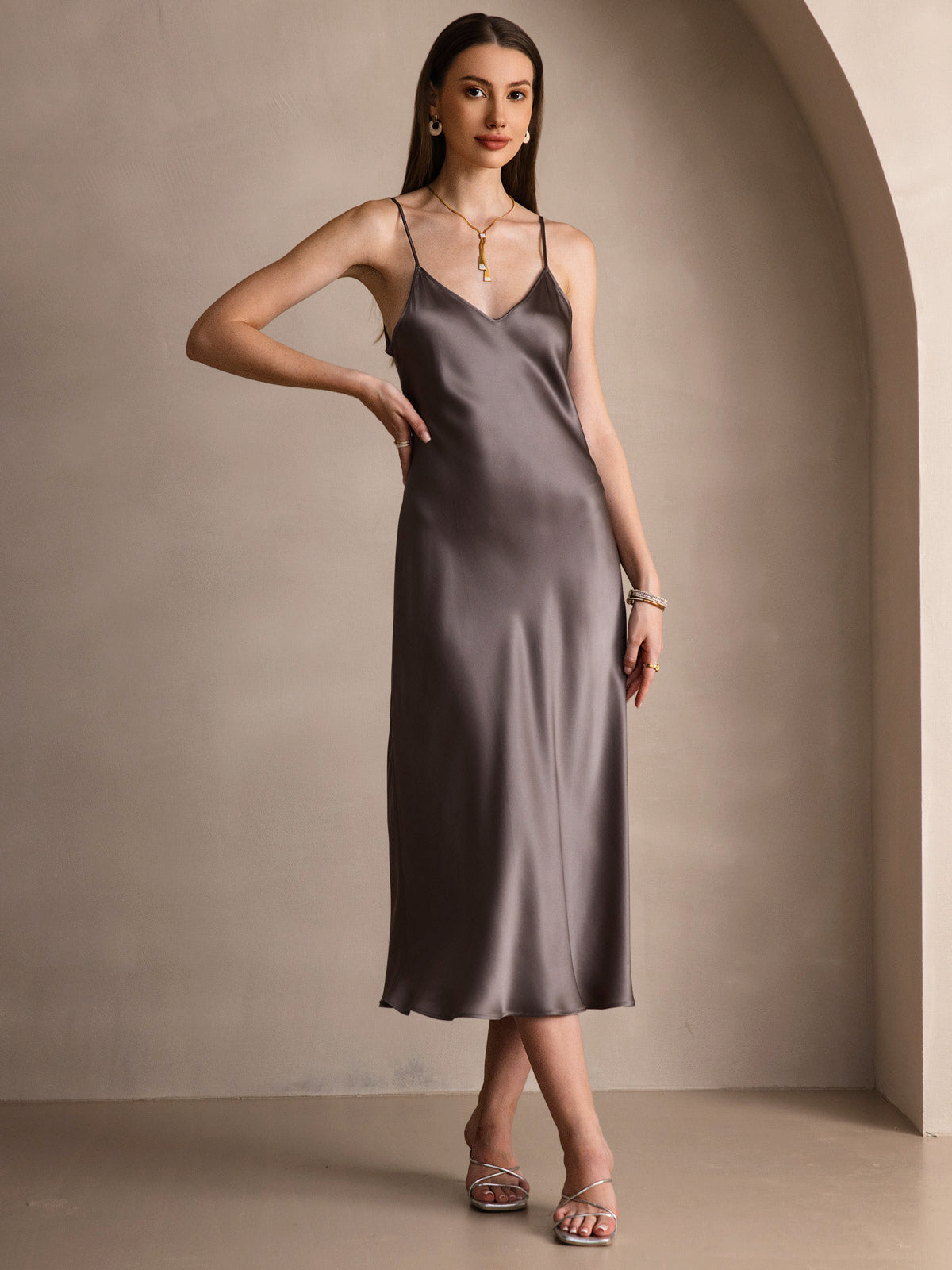 [Dark Khaki] SilkSilky-AU Pure Silk Sleeveless Round Neck Dress 005