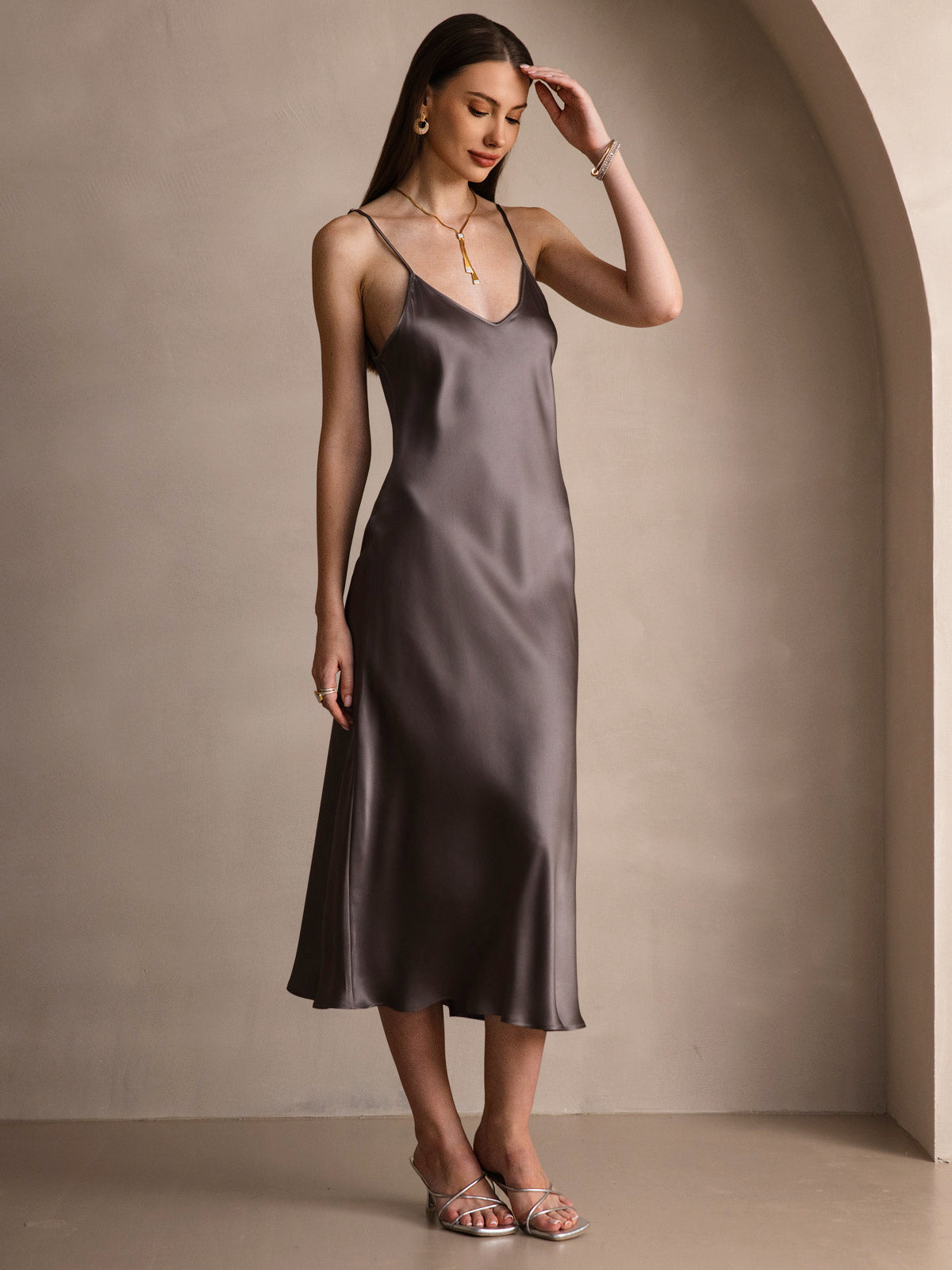 [Dark Khaki] SilkSilky-AU Pure Silk Sleeveless Round Neck Dress 007