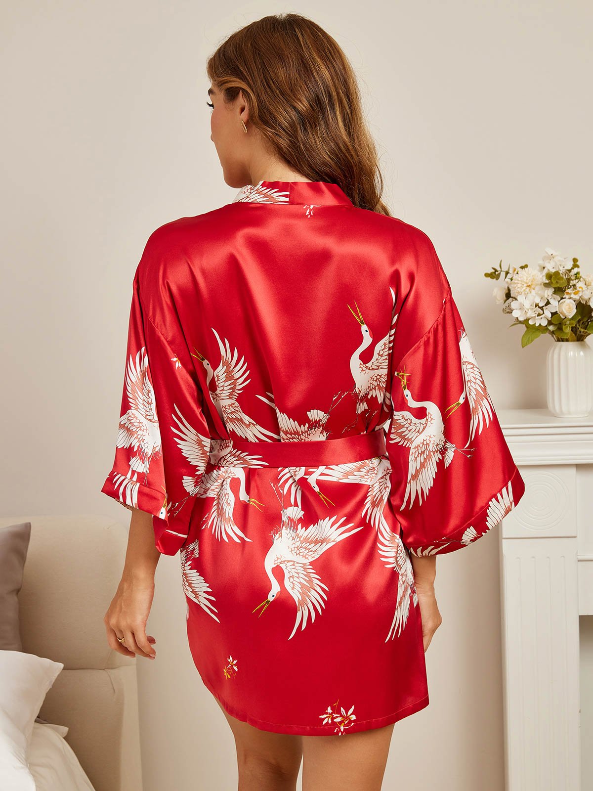 [Dark Red] SilkSilky-AU 19Momme Pure Silk 3/4 Sleeve Deep V Neck Women's Dressing Gown 002
