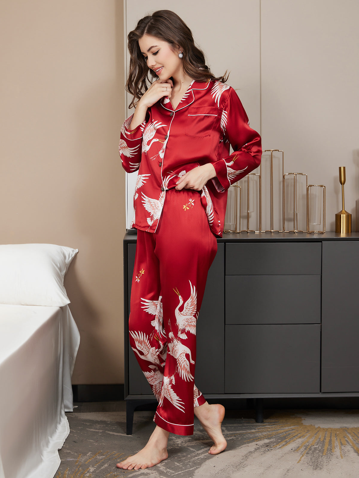 [Dark Red] SilkSilky-AU 19Momme Pure Silk Long Sleeve Lapel Women's Pyjamas 004