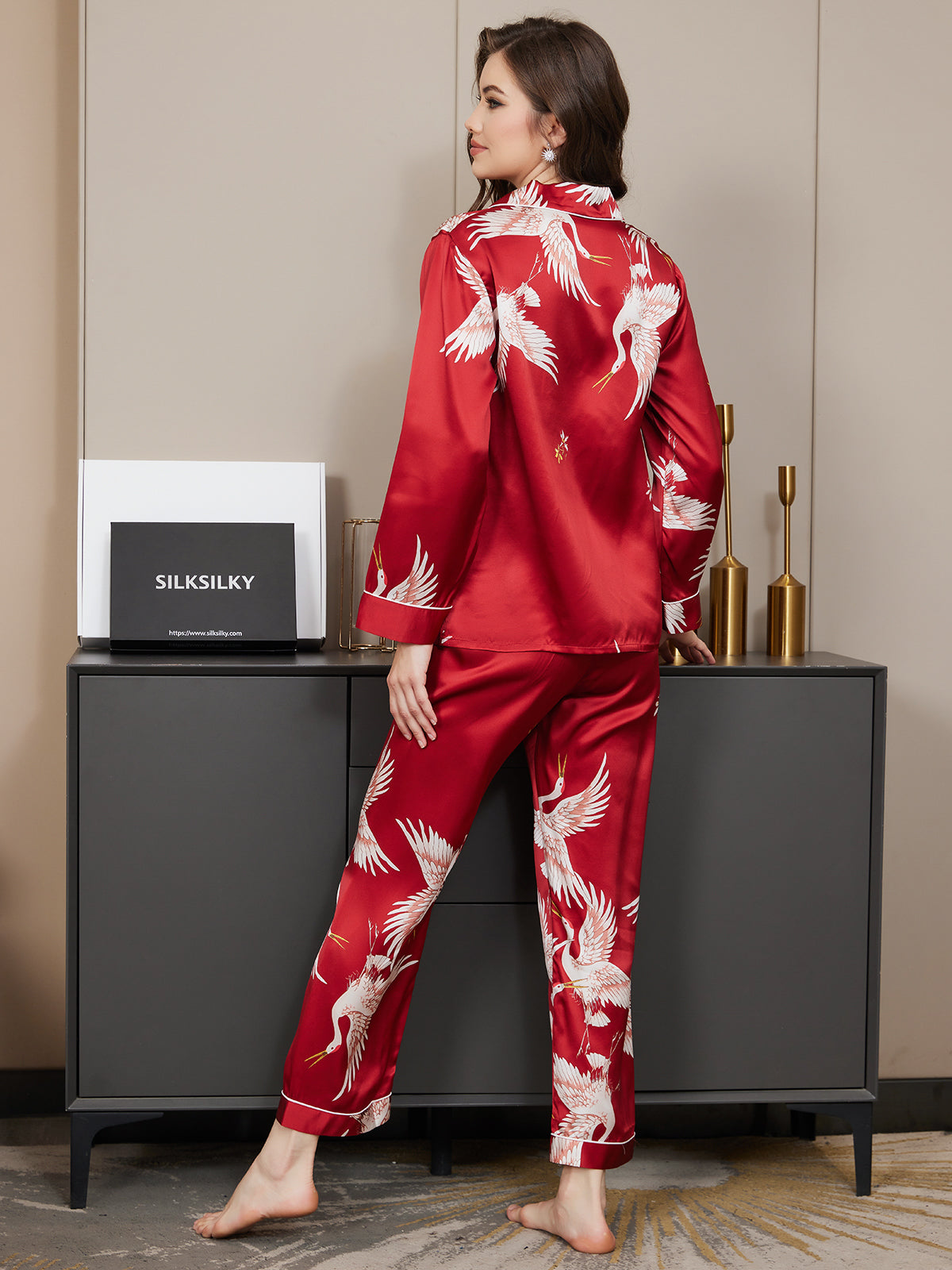 [Dark Red] SilkSilky-AU 19Momme Pure Silk Long Sleeve Lapel Women's Pyjamas 006