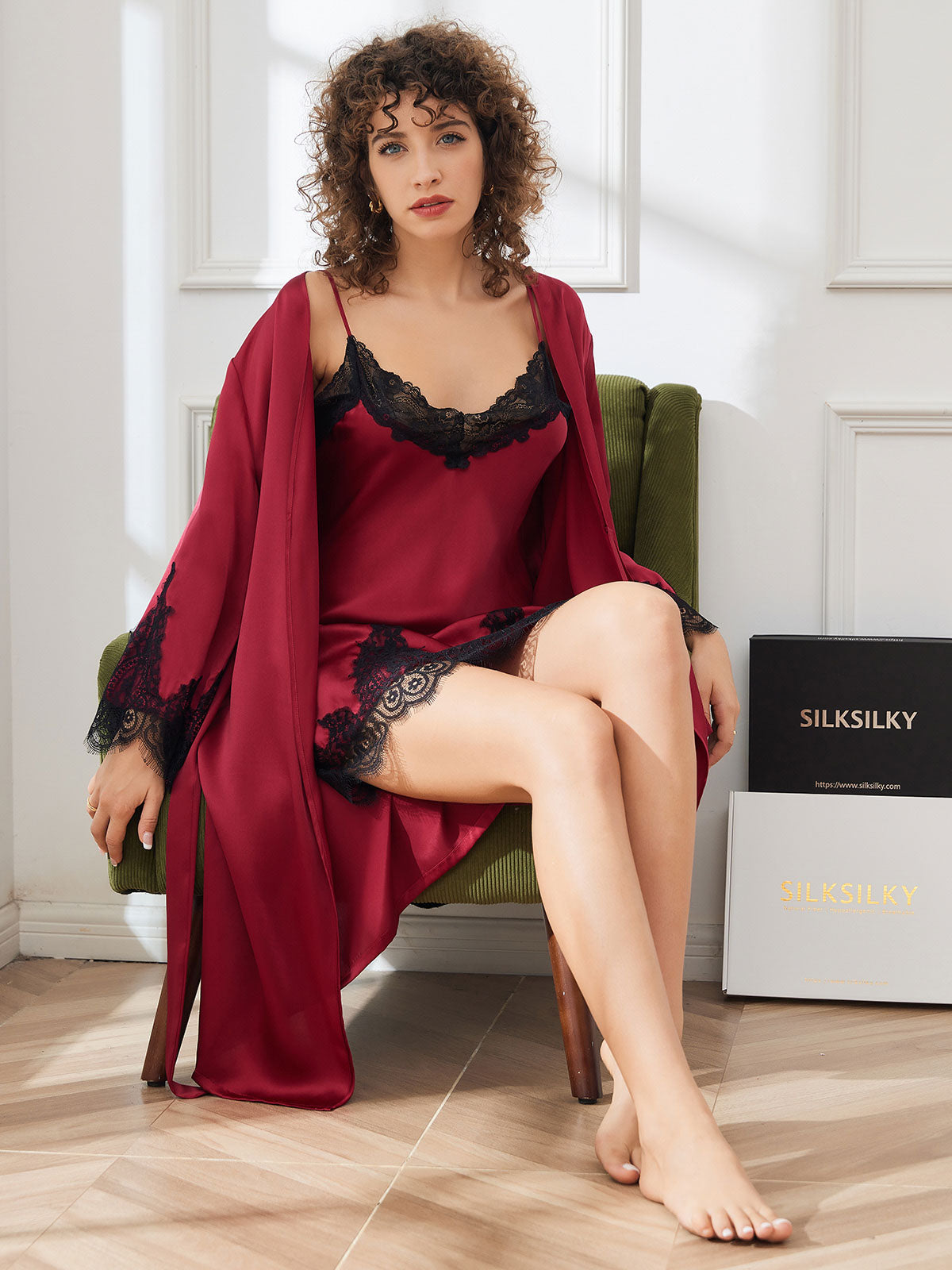 [Dark Red] SilkSilky-AU Pure Silk 3/4 Sleeve Nightgown&Robe Set 003