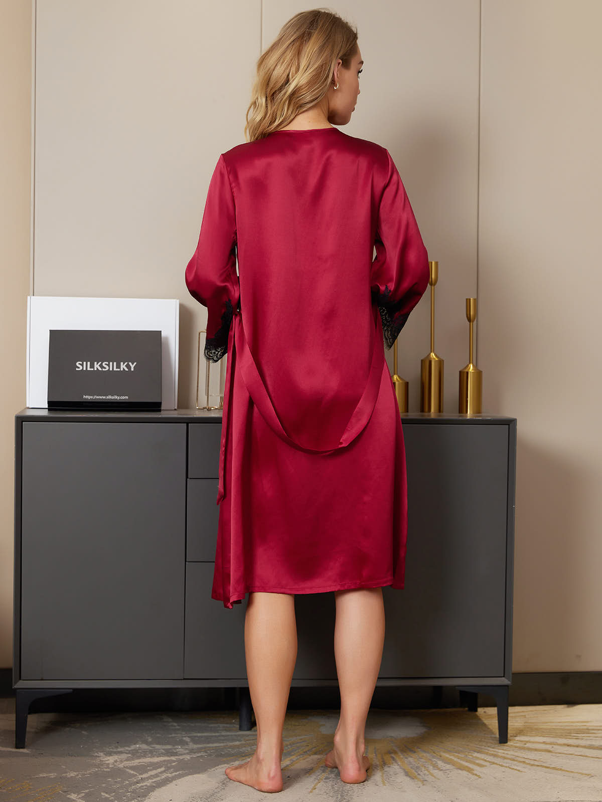 [Dark Red] SilkSilky-AU Pure Silk 3/4 Sleeve Womens Robe 002