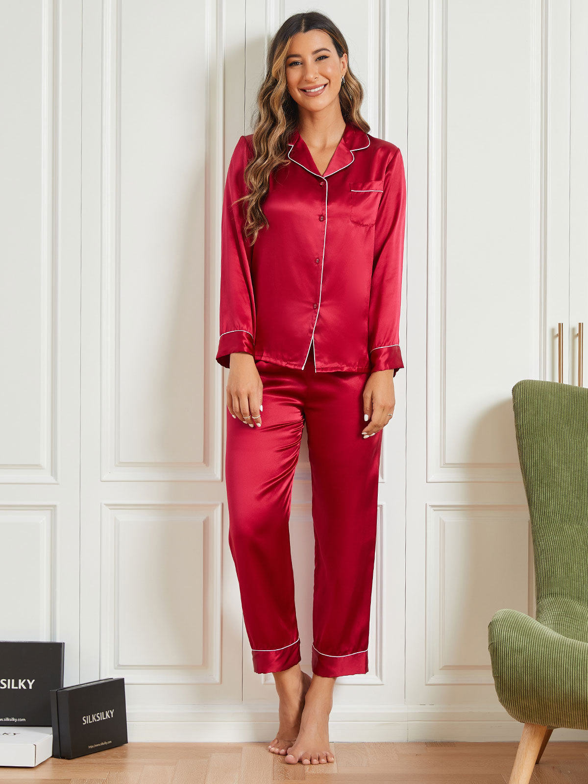 [Dark Red] SilkSilky-AU Pure Silk Long Sleeve Lapel Women's Pyjamas 004