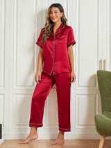 [Dark Red] SilkSilky-AU Pure Silk Notch Collar Women's Pyjamas 002,