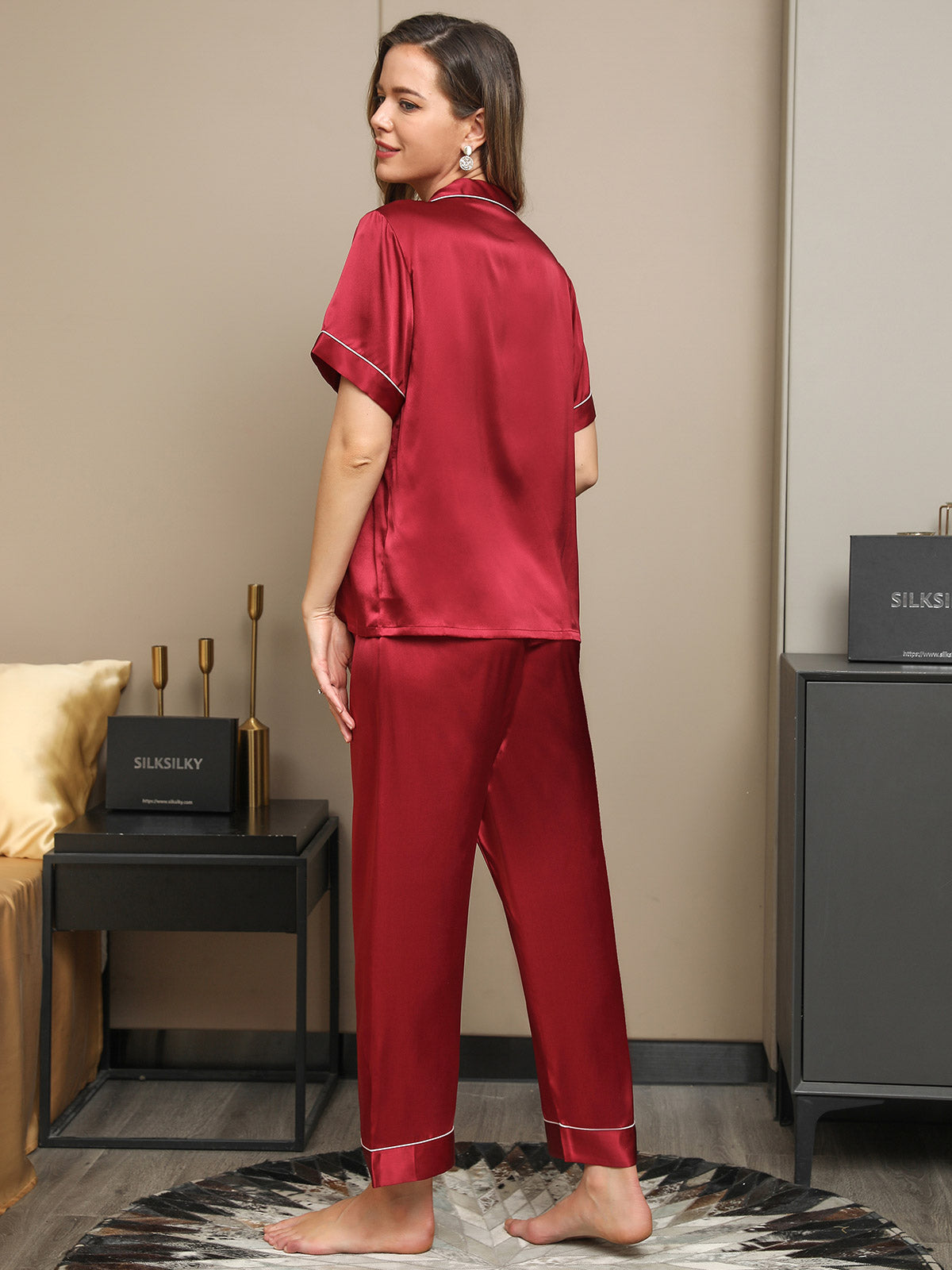 [Dark Red] SilkSilky-AU Pure Silk Short Sleeve Lapel Women's Pyjamas 002