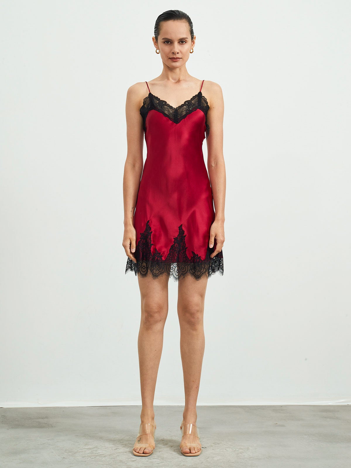 [Dark Red] SilkSilky-AU Pure Silk Sleeveless V Neck Nightgown 004