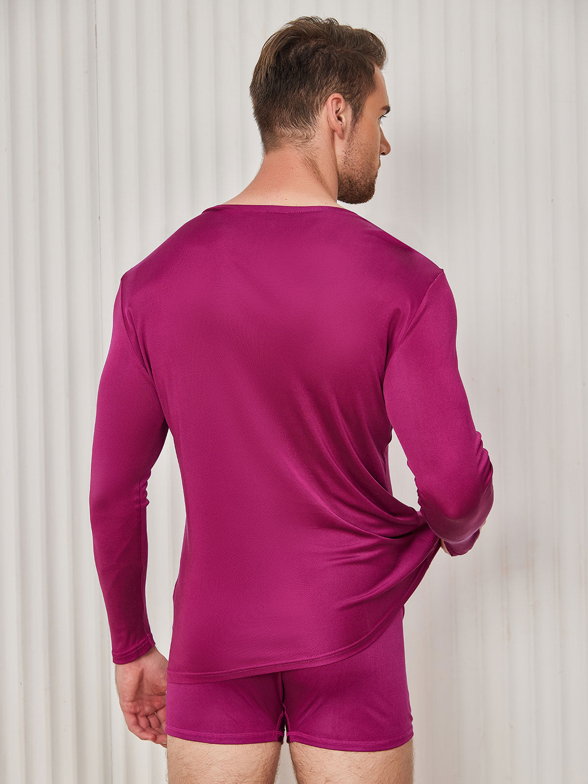 [Dark Red] SilkSilky-AU Silk Knitted Long Sleeve V Neck Men's T-Shirt 002