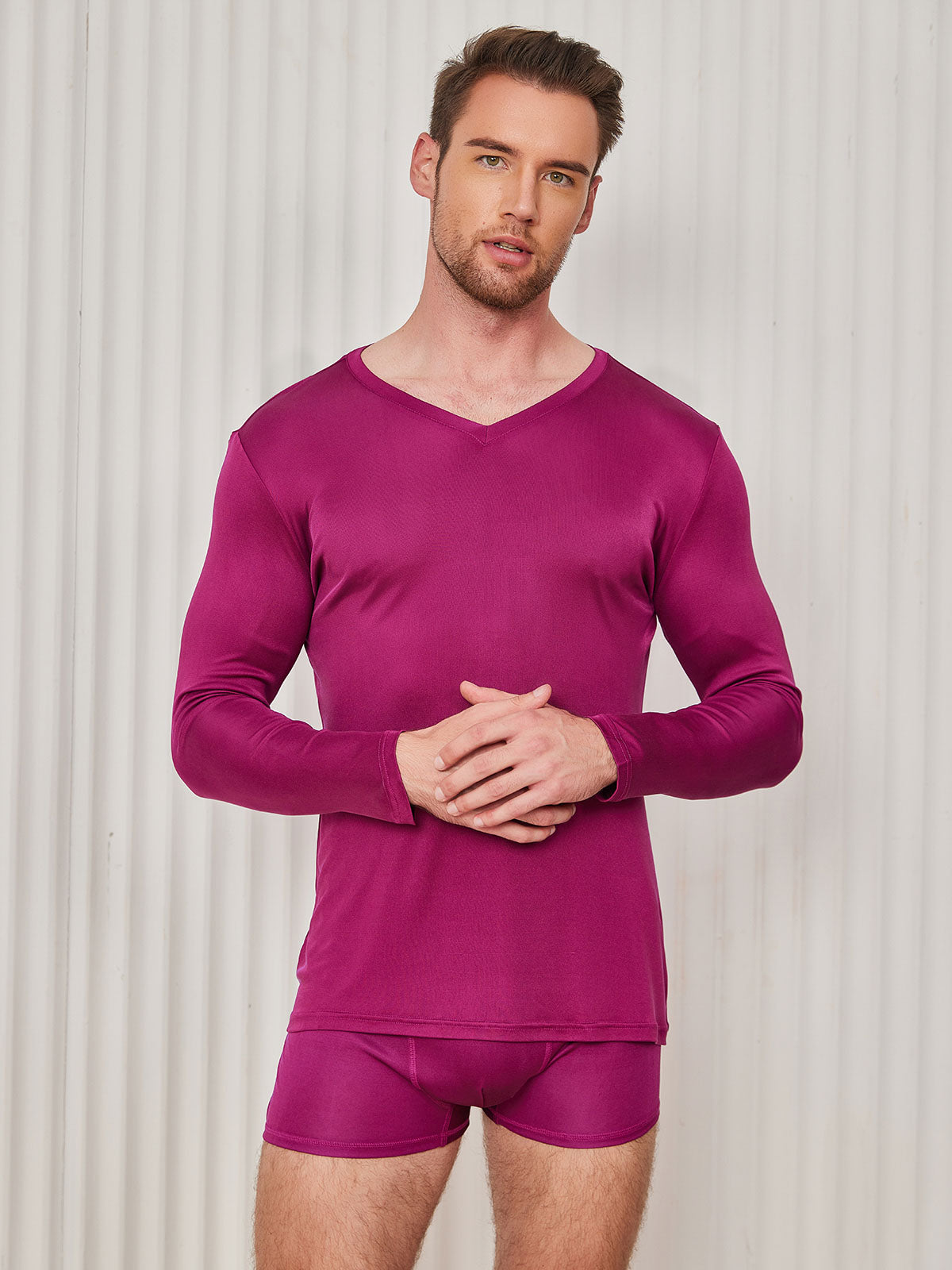 [Dark Red] SilkSilky-AU Silk Knitted Long Sleeve V Neck Men's T-Shirt 003
