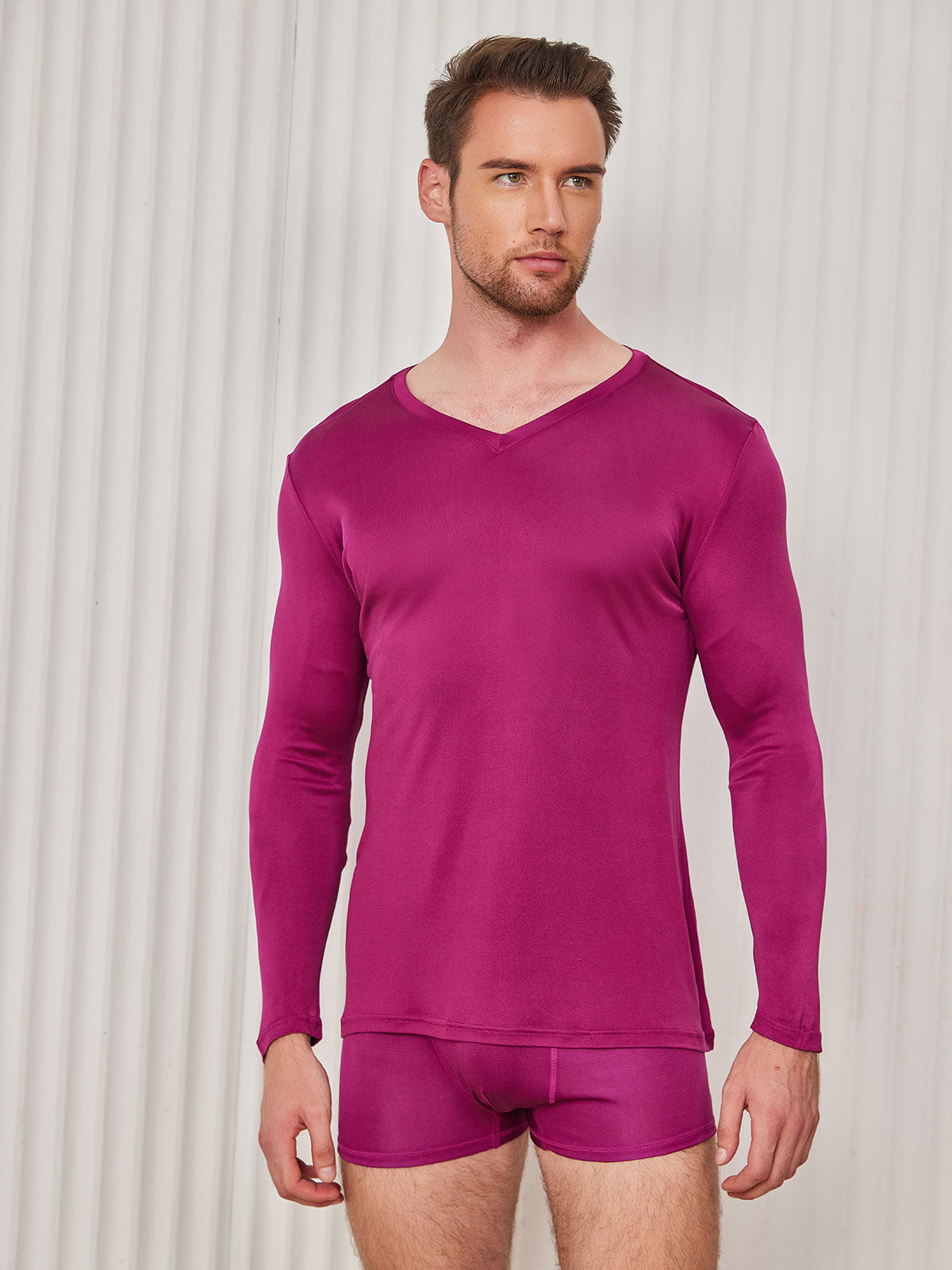 [Dark Red] SilkSilky-AU Silk Knitted Long Sleeve V Neck Men's T-Shirt 003