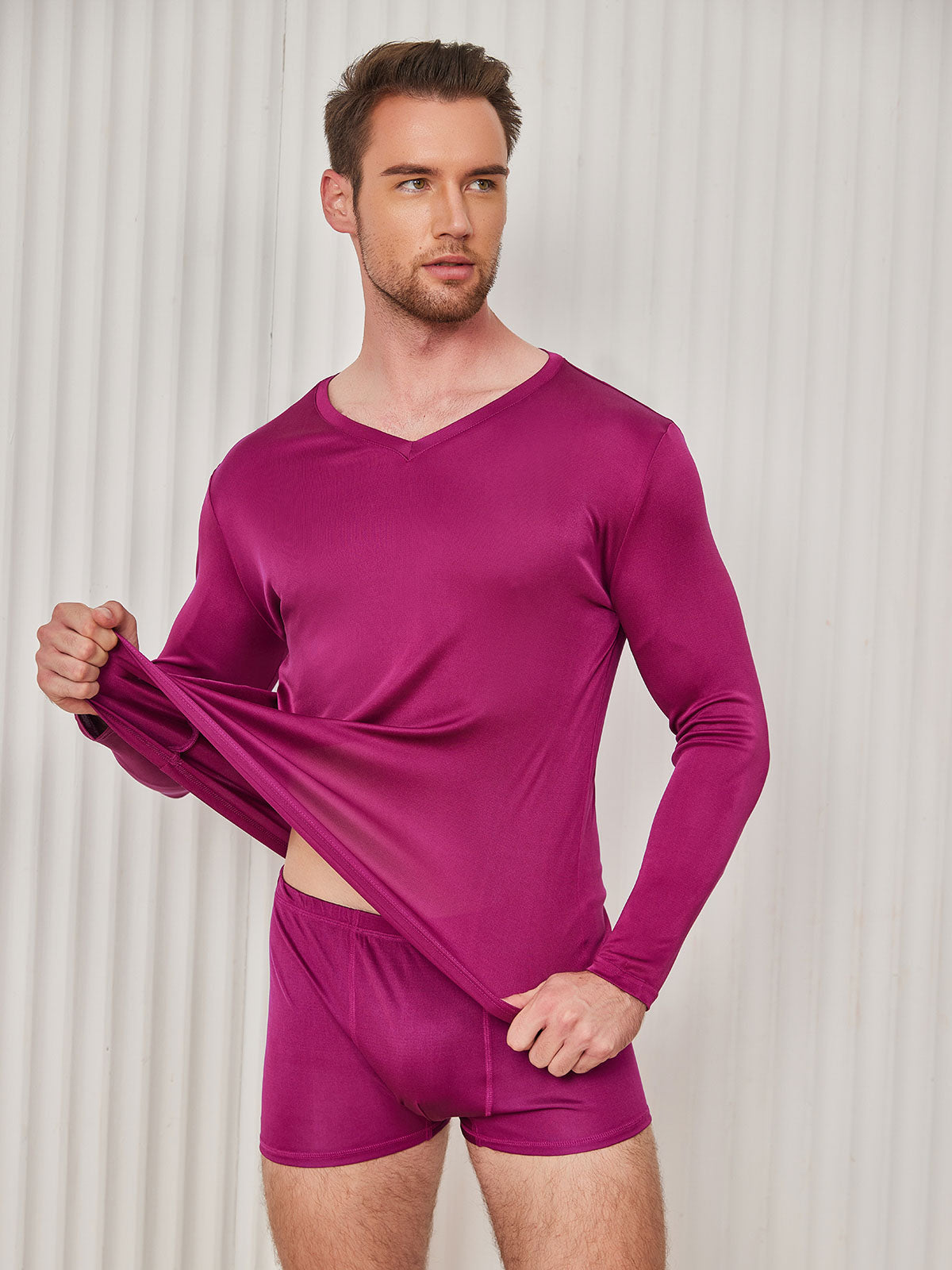 [Dark Red] SilkSilky-AU Silk Knitted Long Sleeve V Neck Men's T-Shirt 004