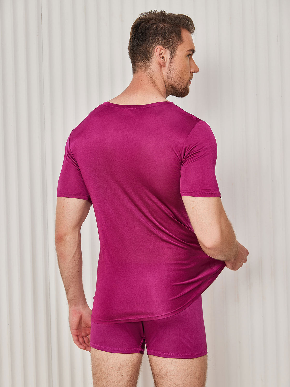 [Dark Red] SilkSilky-AU Silk Knitted Short Sleeve V Neck Men's T-Shirt 002