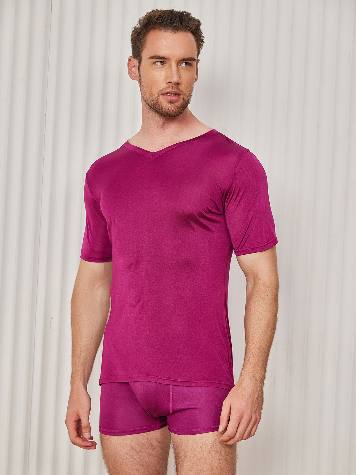 [Dark Red] SilkSilky-AU Silk Knitted Short Sleeve V Neck Men's T-Shirt 003