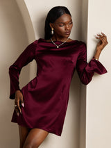 [Dark Red] SilkSilky-AU 19Momme Long Sleeve Boat Neck Dress 001