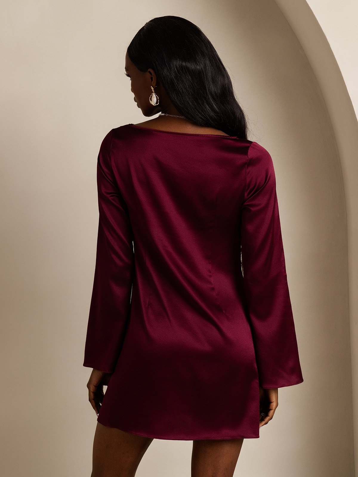 [Dark Red] SilkSilky-AU Long Sleeve Boat Neck Dress 002