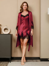 [Dark Red] SilkSilky-AU 3/4 Sleeve V Neck Nightgown&Dressing Gown Set 005
