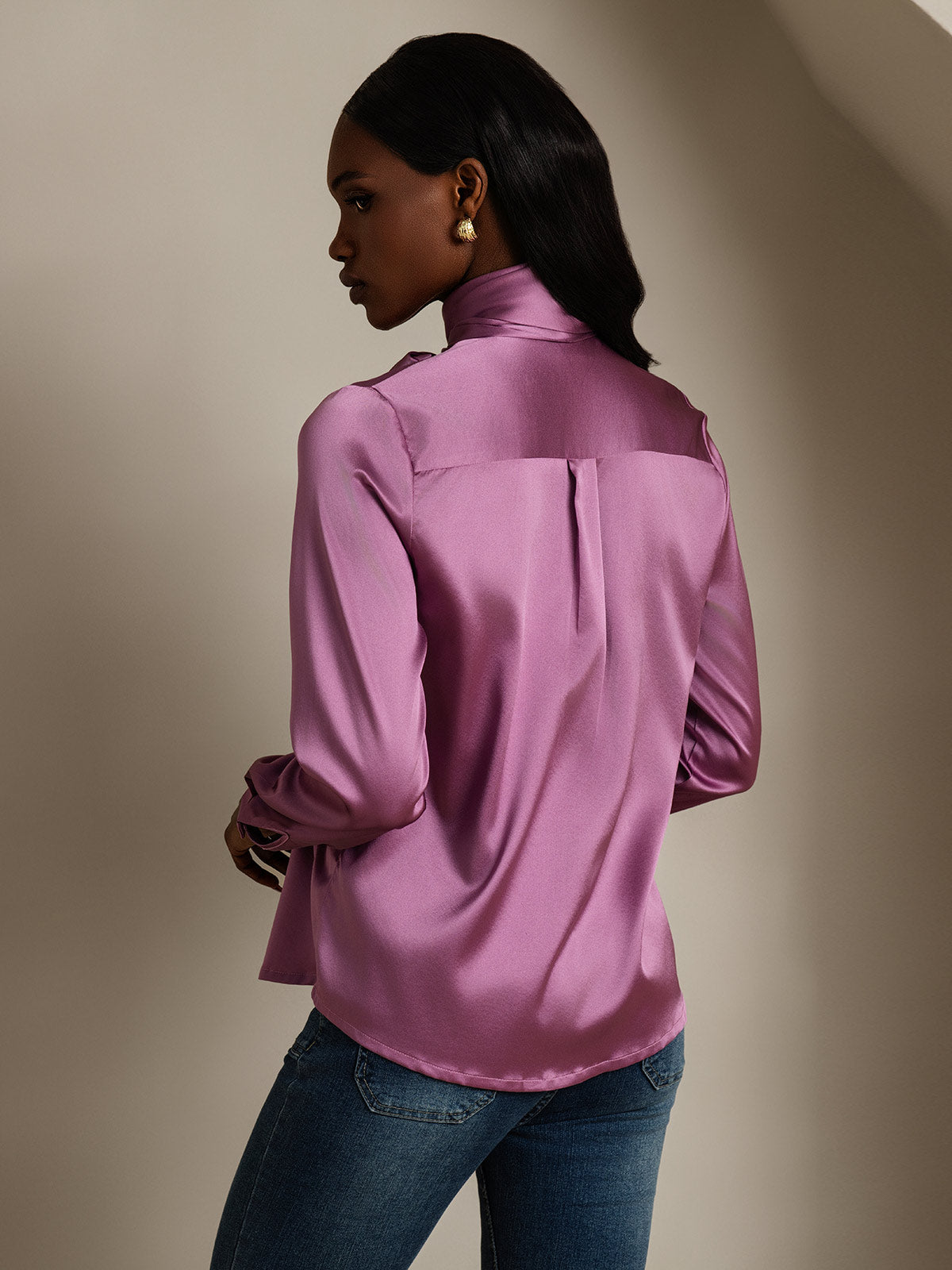 [Deep Purple] SilkSilky-AU 19Momme Silk Long Sleeve Tie Neck Women's Shirt 002