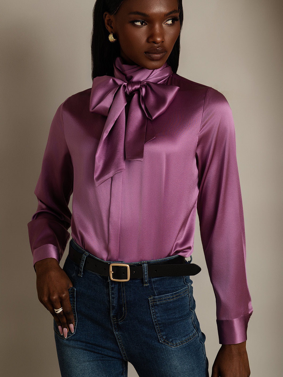 [Deep Purple] SilkSilky-AU 19Momme Silk Long Sleeve Tie Neck Women's Shirt 003