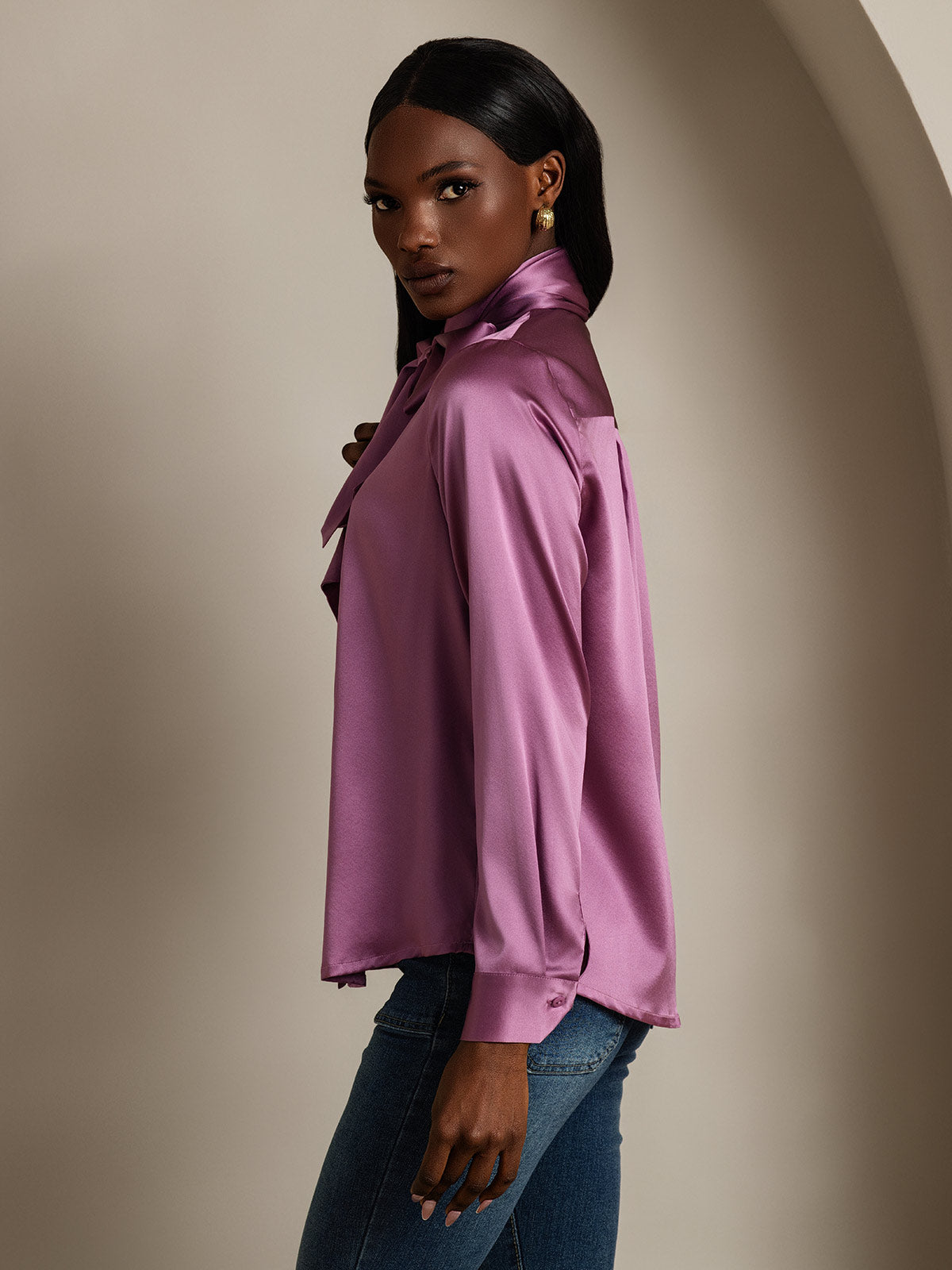 [Deep Purple] SilkSilky-AU 19Momme Silk Long Sleeve Tie Neck Women's Shirt 004