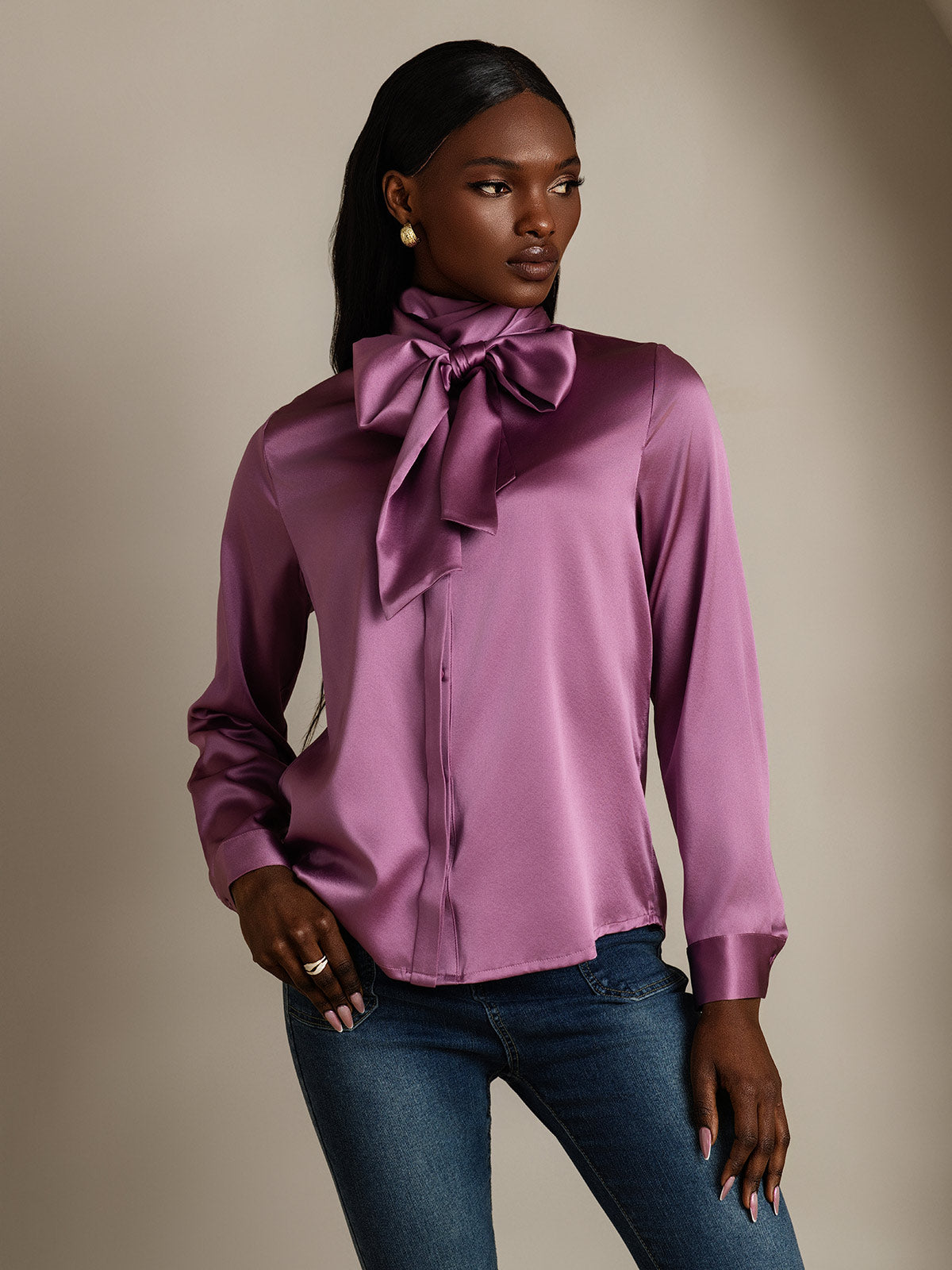 [Deep Purple] SilkSilky-AU 19Momme Silk Long Sleeve Tie Neck Women's Shirt 005