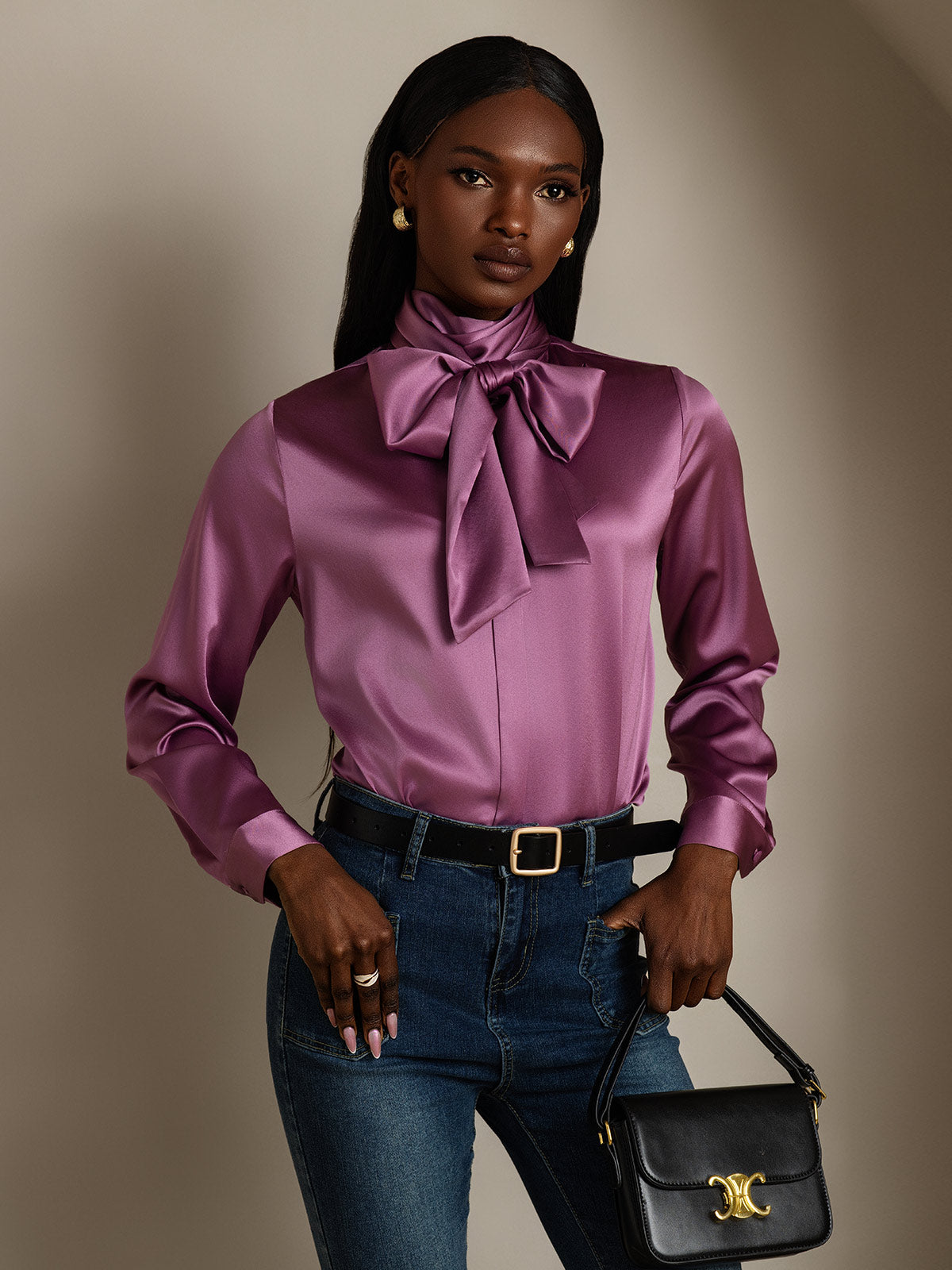 [Deep Purple] SilkSilky-AU 19Momme Silk Long Sleeve Tie Neck Women's Shirt 006