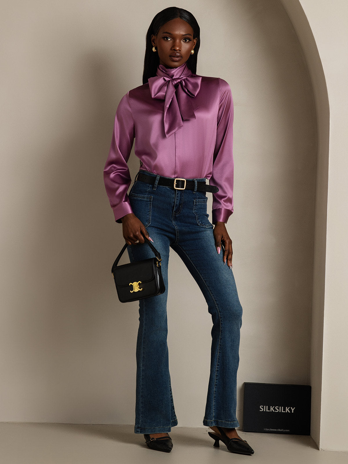 [Deep Purple] SilkSilky-AU 19Momme Silk Long Sleeve Tie Neck Women's Shirt 007