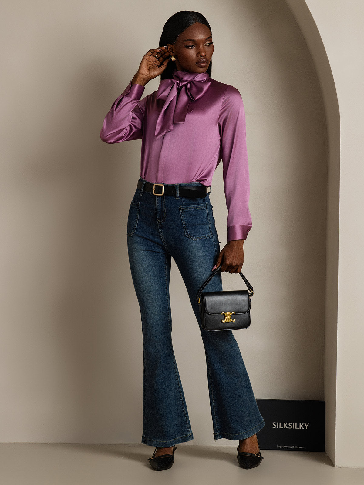 [Deep Purple] SilkSilky-AU 19Momme Silk Long Sleeve Tie Neck Women's Shirt 008