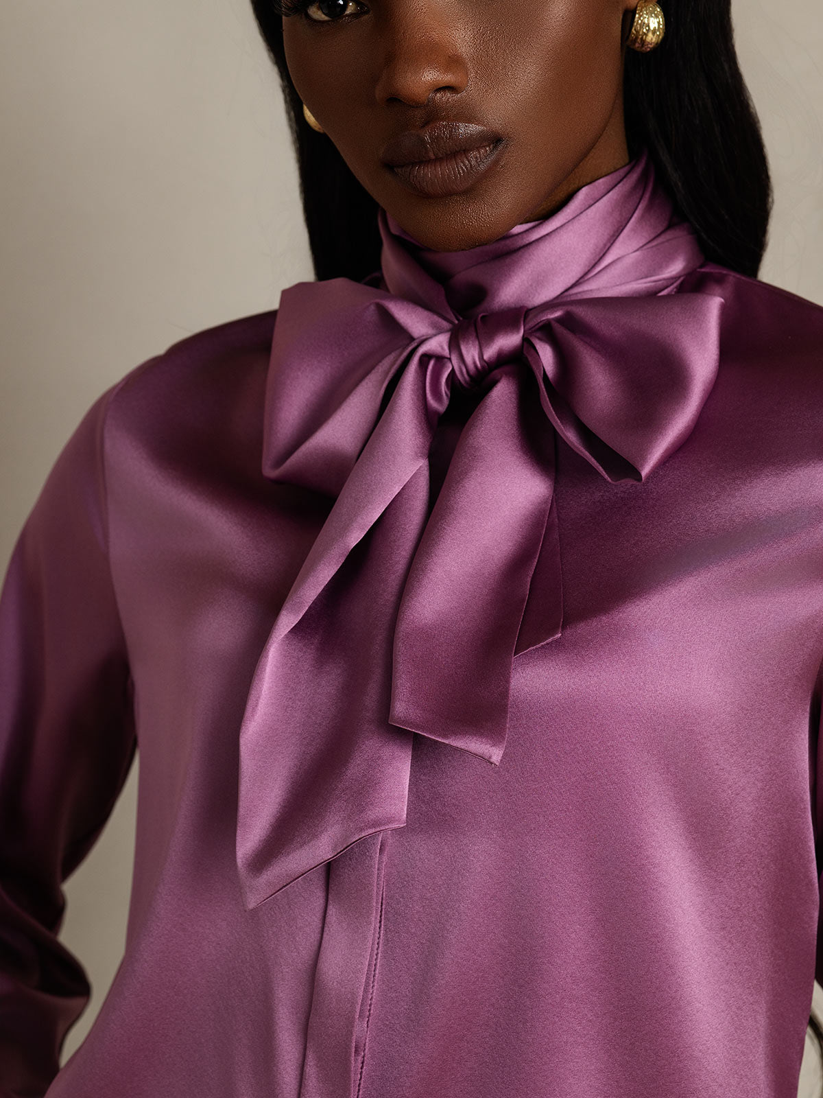 [Deep Purple] SilkSilky-AU 19Momme Silk Long Sleeve Tie Neck Women's Shirt 009