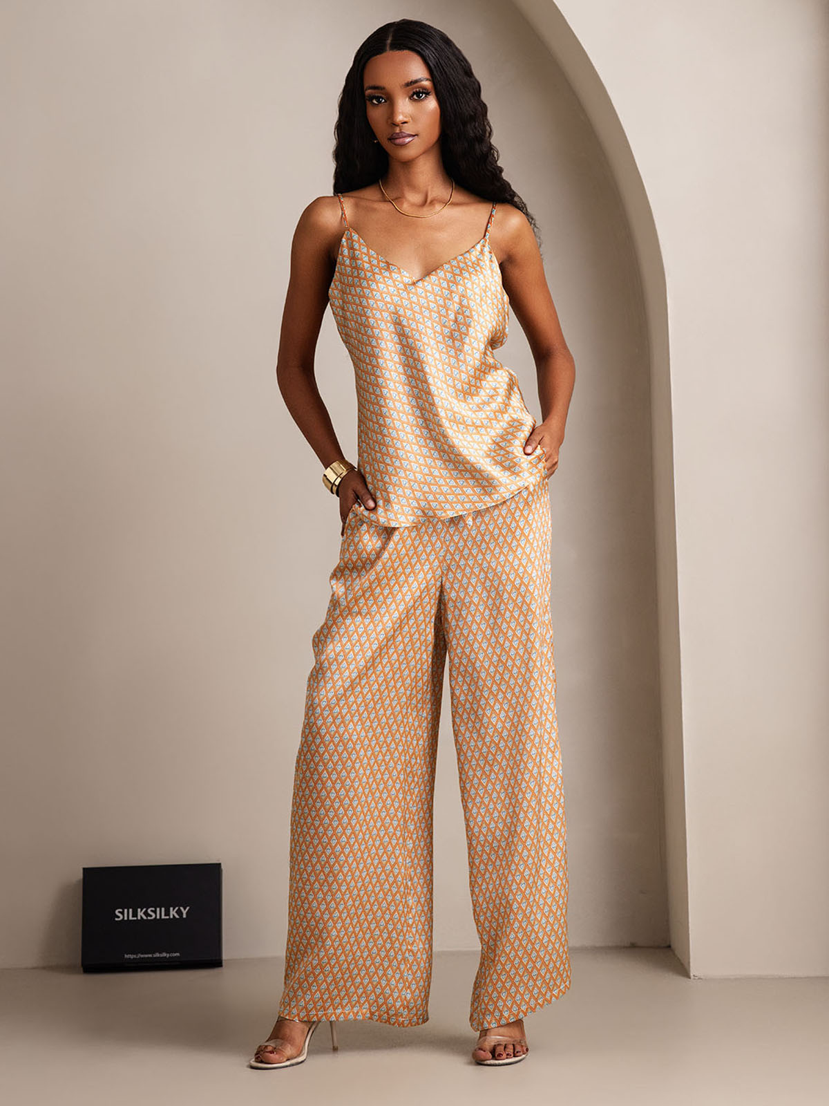 [Floral] SilkSilky-AU Pure Silk V Neck Camisole Set 001