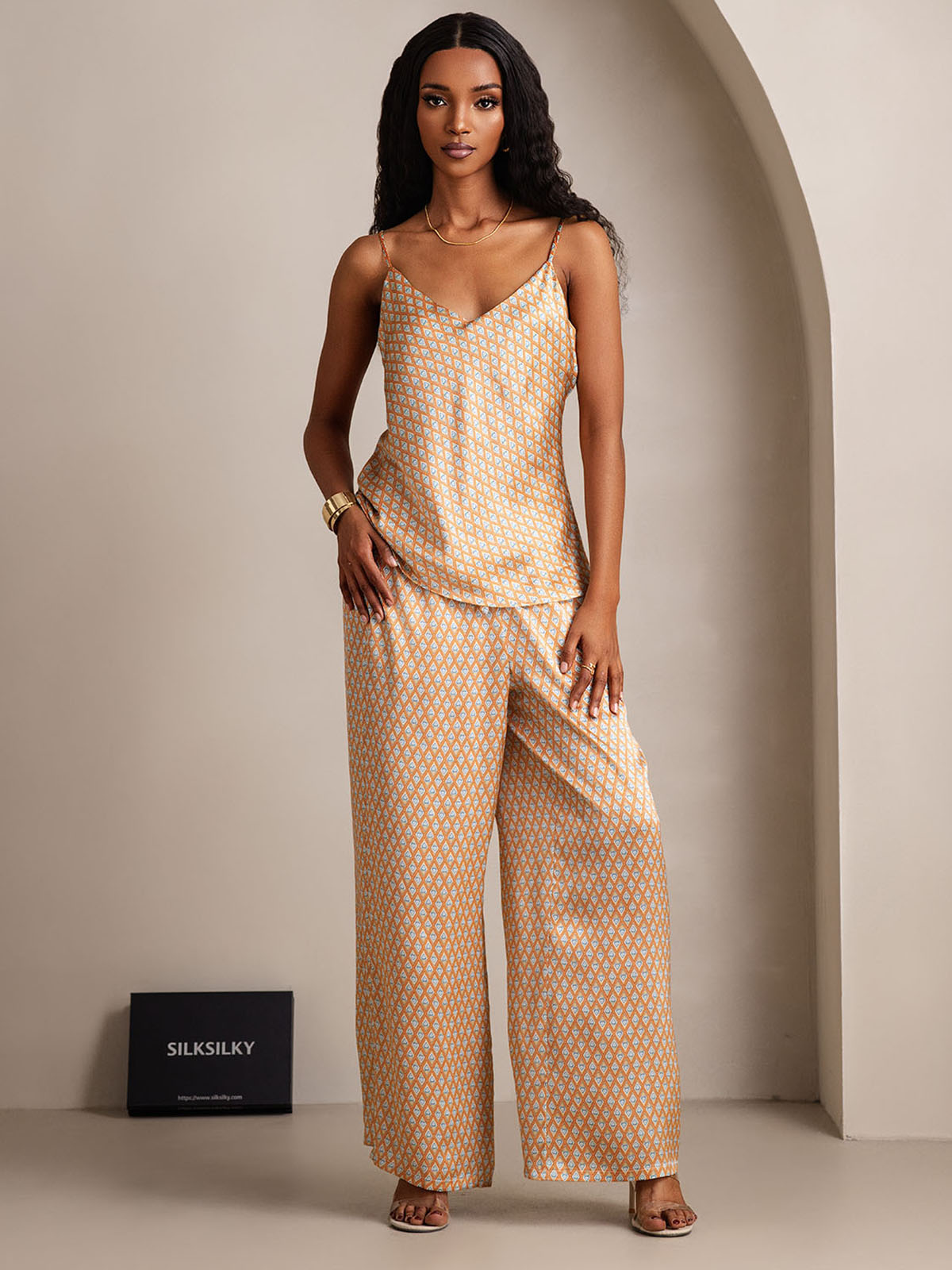 [Floral] SilkSilky-AU Pure Silk V Neck Camisole Set 003