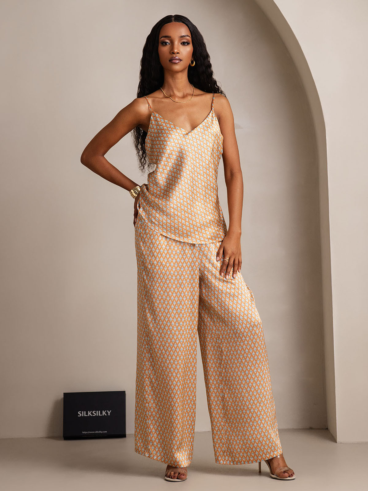 [Floral] SilkSilky-AU Pure Silk V Neck Camisole Set 005