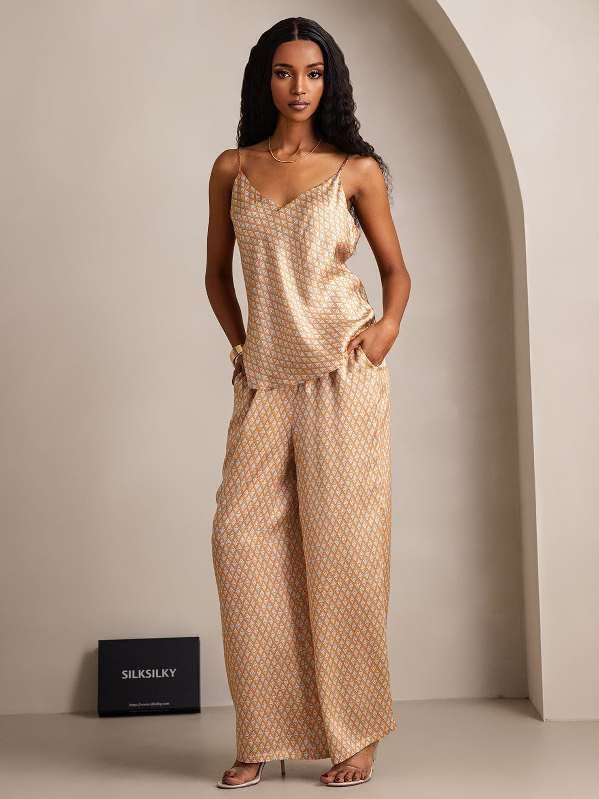 [Floral] SilkSilky-AU Pure Silk V Neck Camisole Set 006