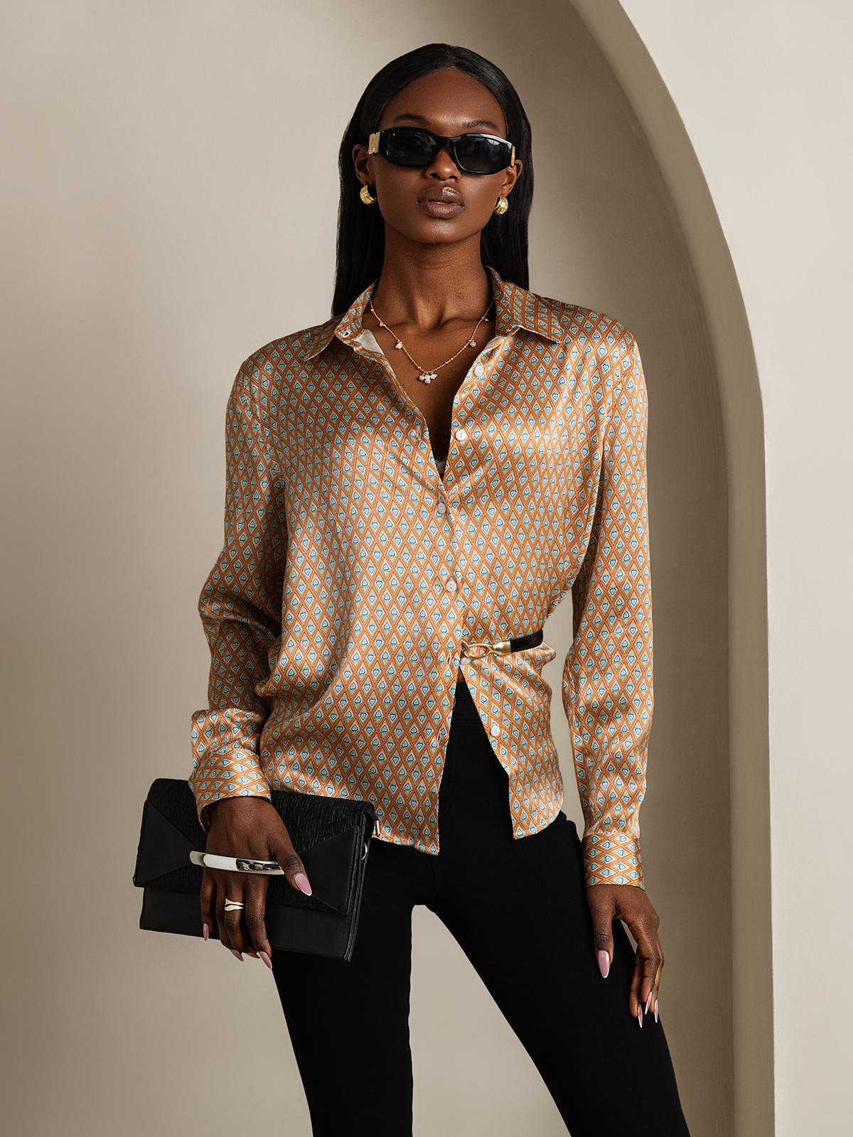 [Floral] SilkSilky-AU Silk Long Sleeve Collar Women's Shirt 001