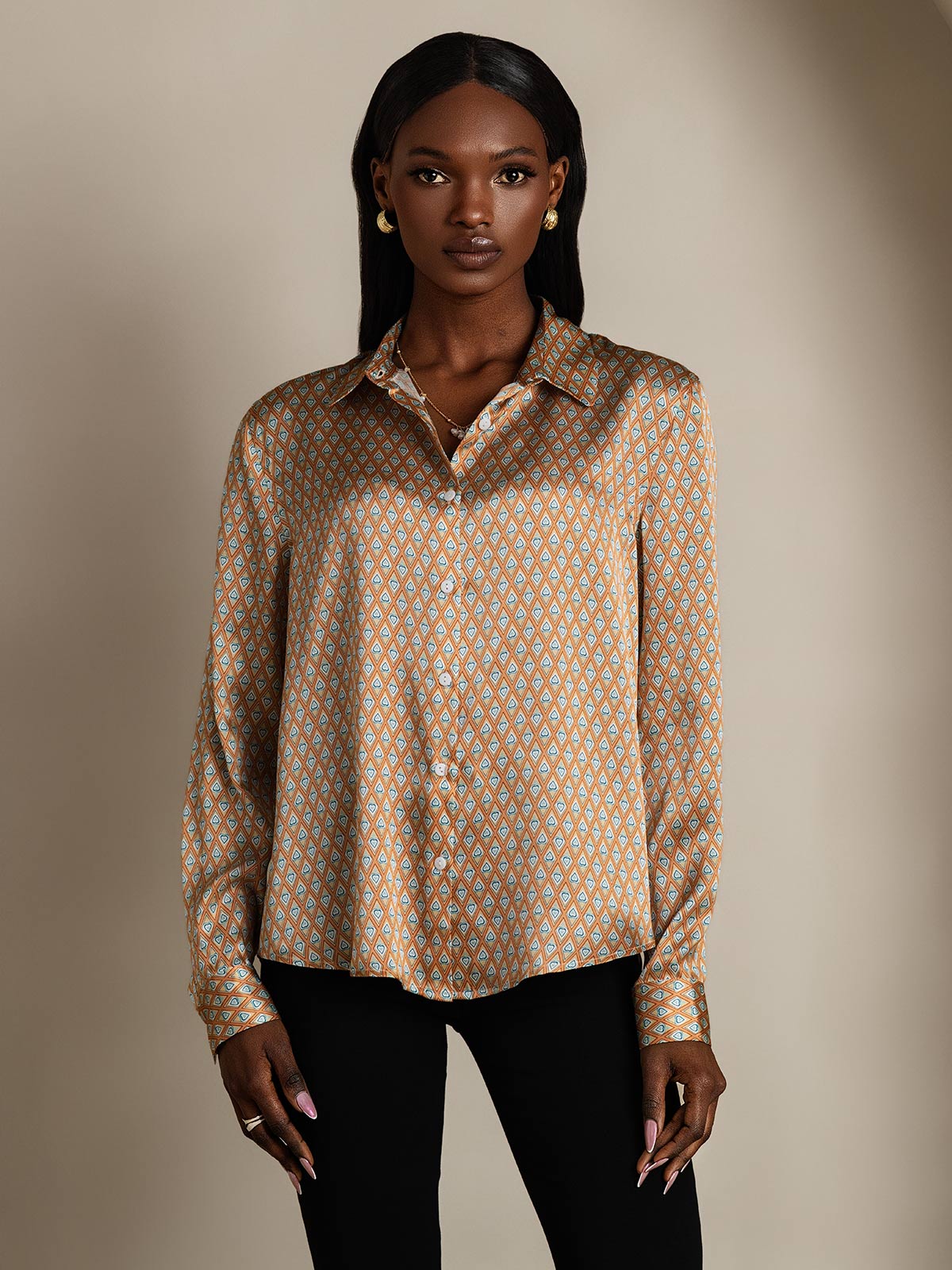 [Floral] SilkSilky-AU Silk Long Sleeve Collar Women's Shirt 004