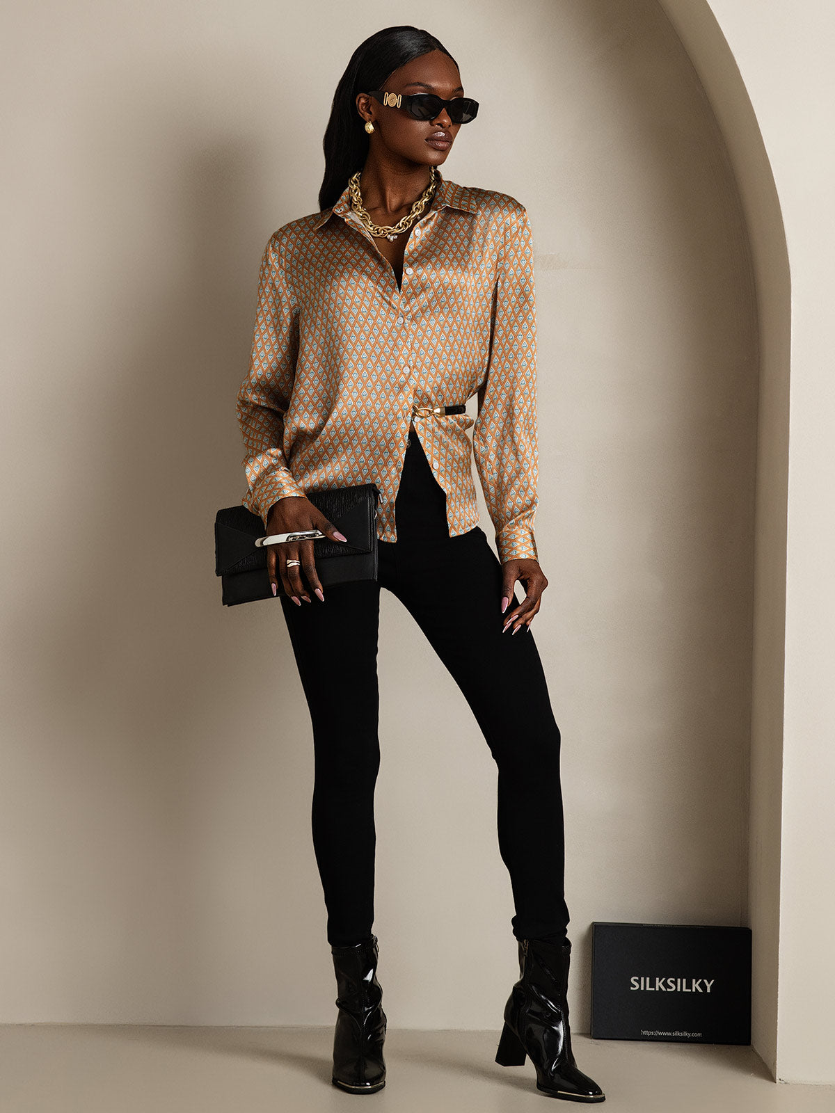 [Floral] SilkSilky-AU Silk Long Sleeve Collar Women's Shirt 008
