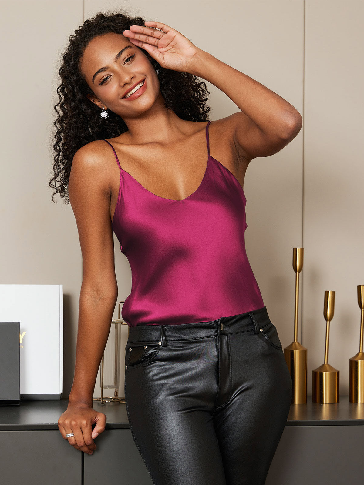 [Fuchsia] SilkSilky-AU Pure Silk V Neck Camisole 001