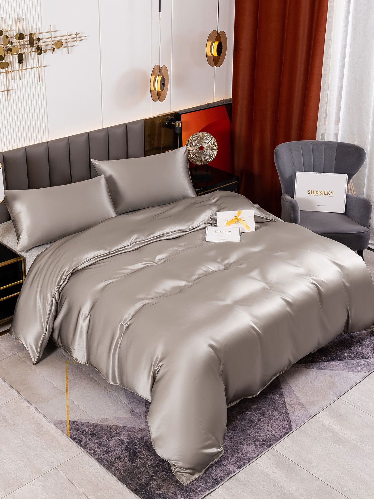 [Gray] SilkSilky-AU 19Momme Pure Silk Bedding Set 001