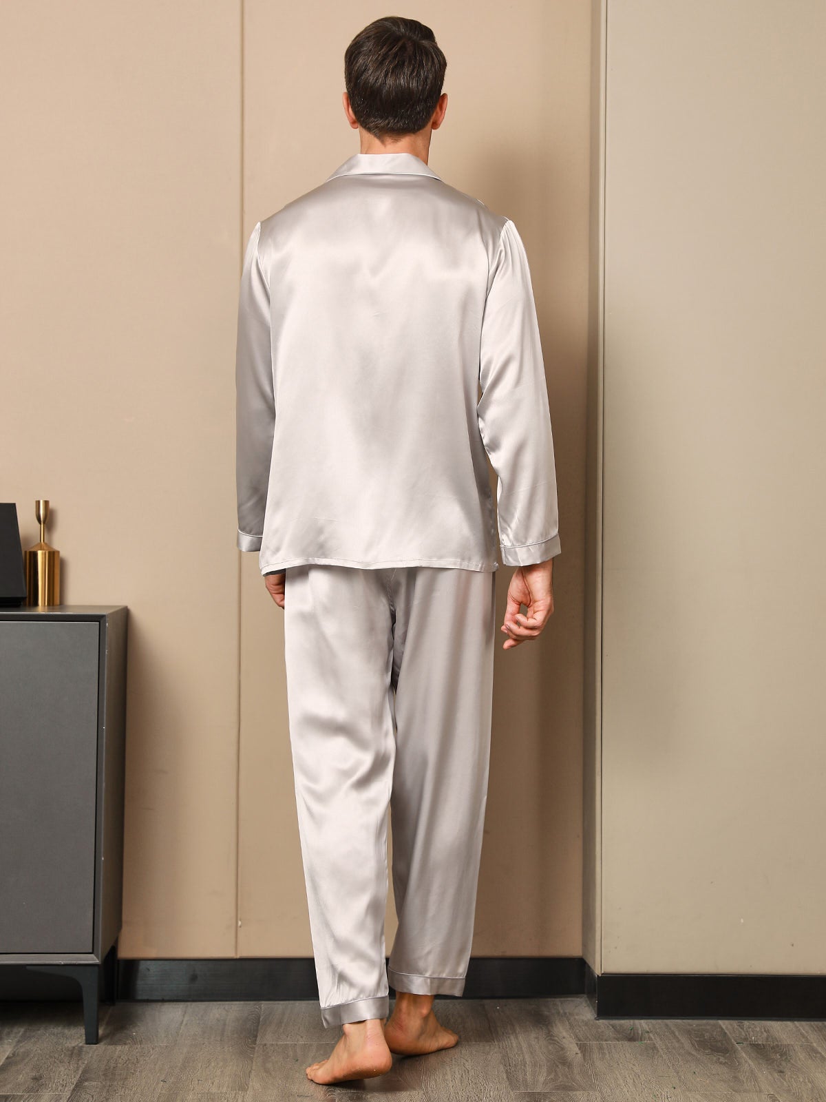 [Gray] SilkSilky-AU 19Momme Pure Silk Long Sleeve Lapel Men's Pyjamas 006