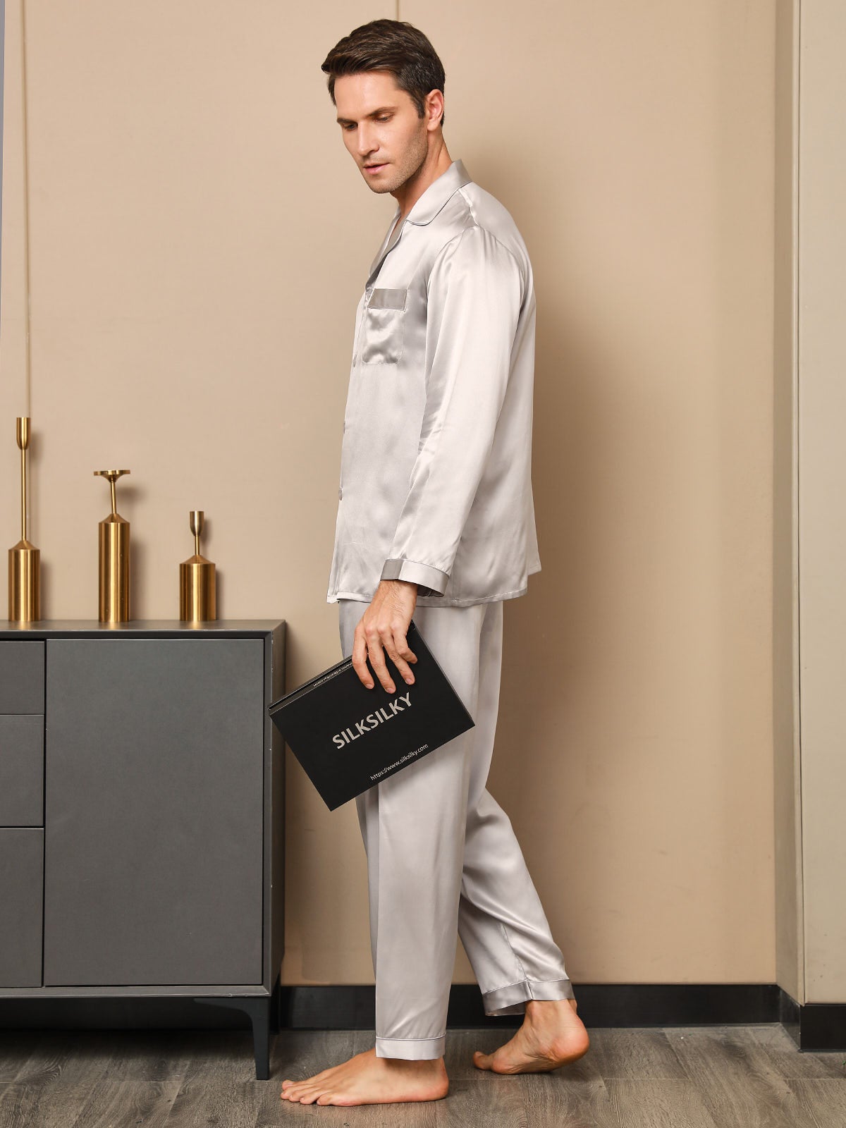 [Gray] SilkSilky-AU 19Momme Pure Silk Long Sleeve Lapel Men's Pyjamas 008
