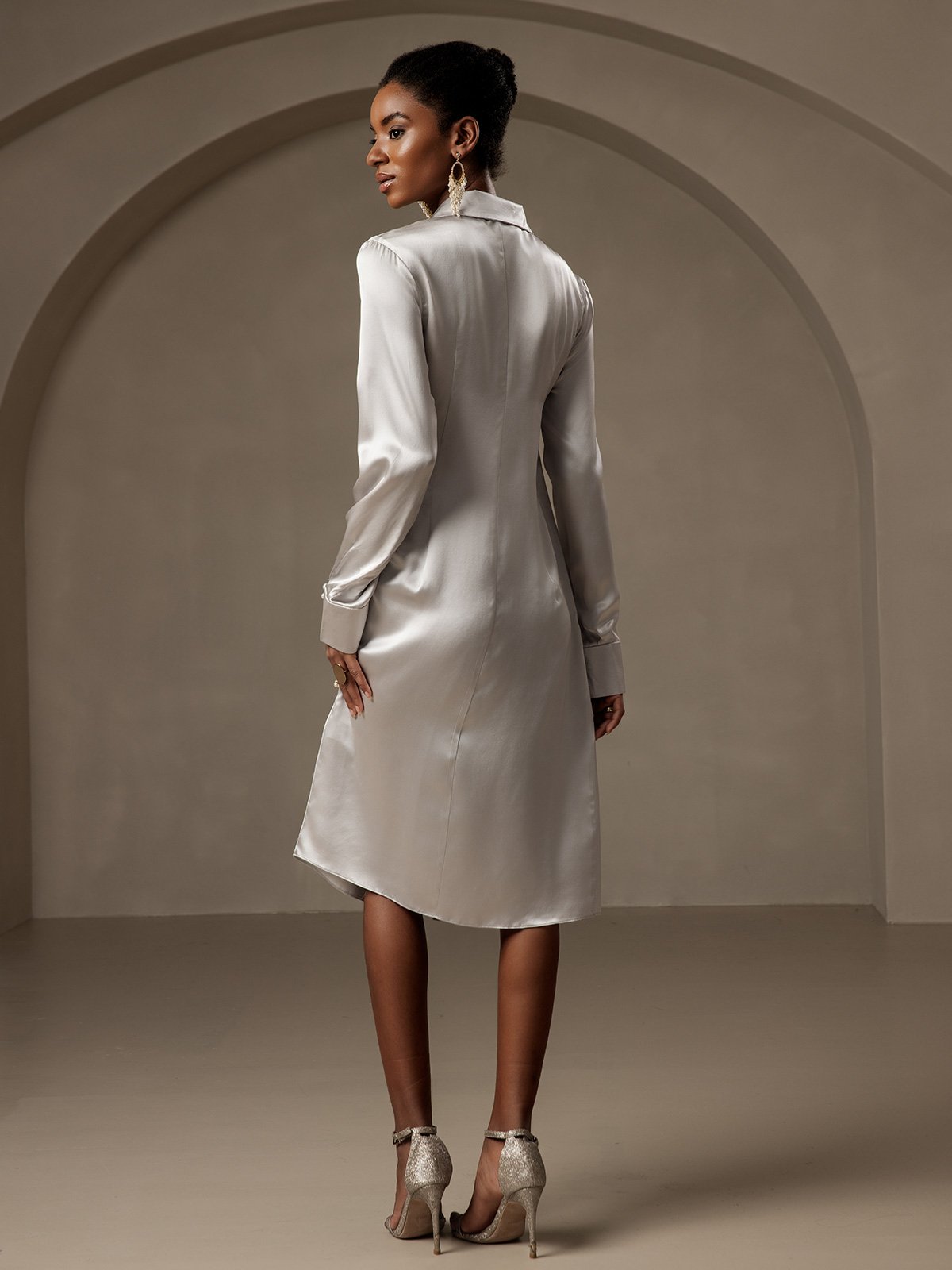 [Gray] SilkSilky-AU 19Momme Silk Long Sleeve V Neck Dress 002