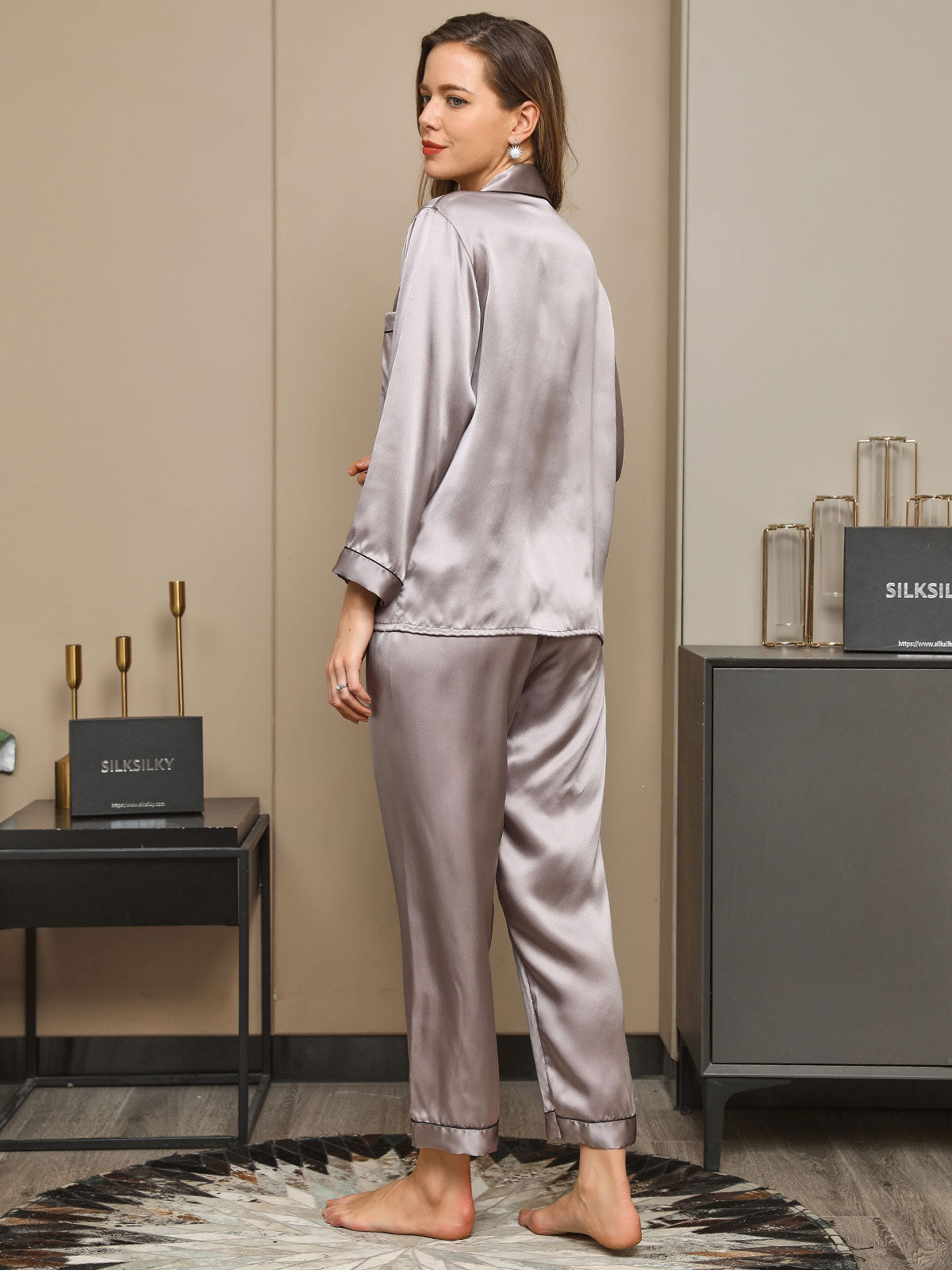 [Gray] SilkSilky-AU Long Sleeve Lapel Women's Pyjamas 002