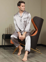 [Gray] SilkSilky-AU Pure Silk Long Sleeve Lapel Men's Pyjamas 001