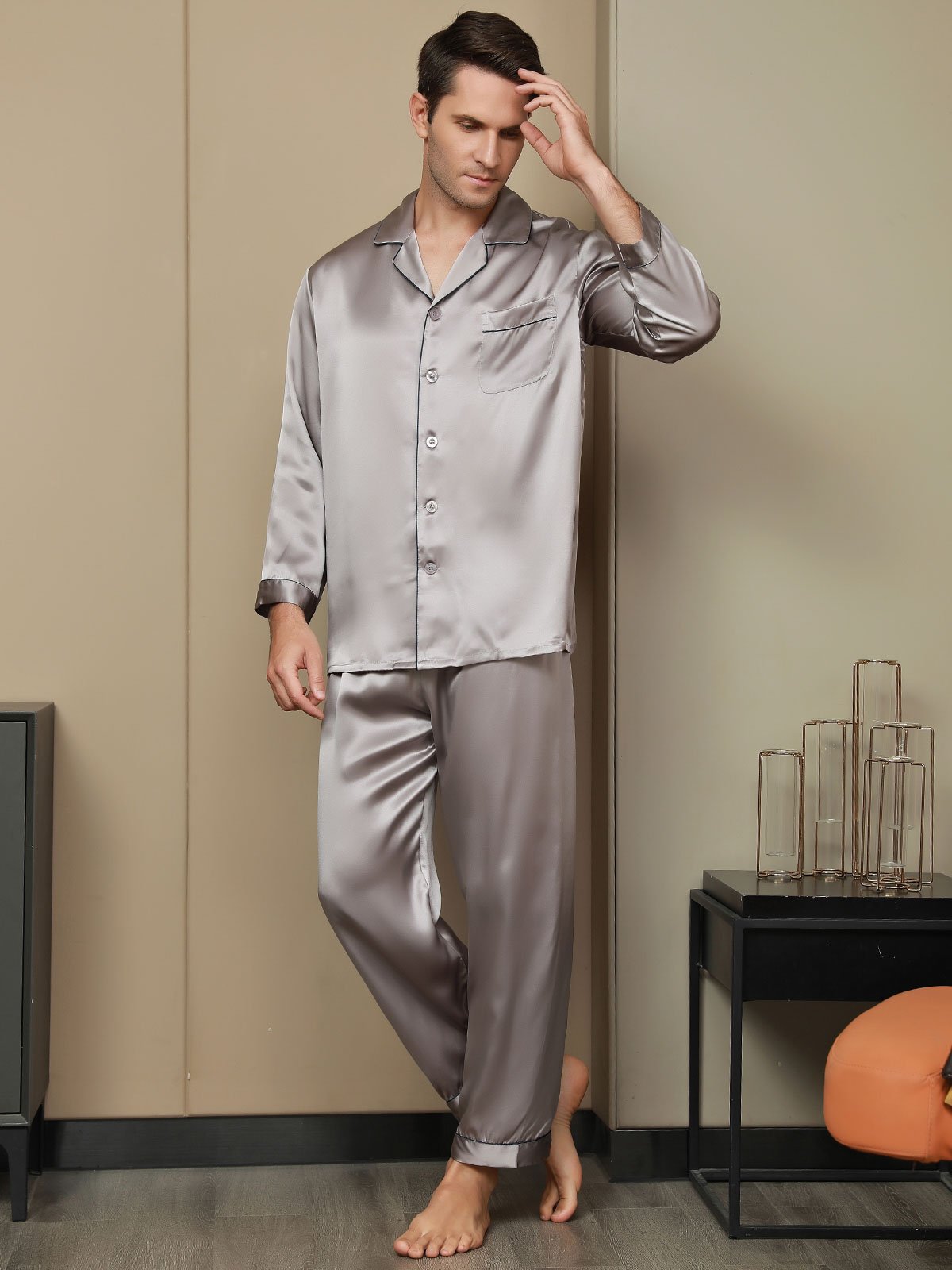 [Gray] SilkSilky-AU Pure Silk Long Sleeve Lapel Men's Pyjamas 002