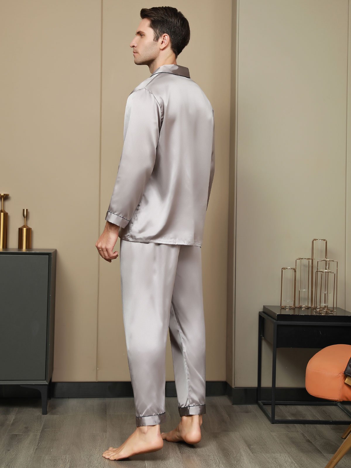 [Gray] SilkSilky-AU Pure Silk Long Sleeve Lapel Men's Pyjamas 003