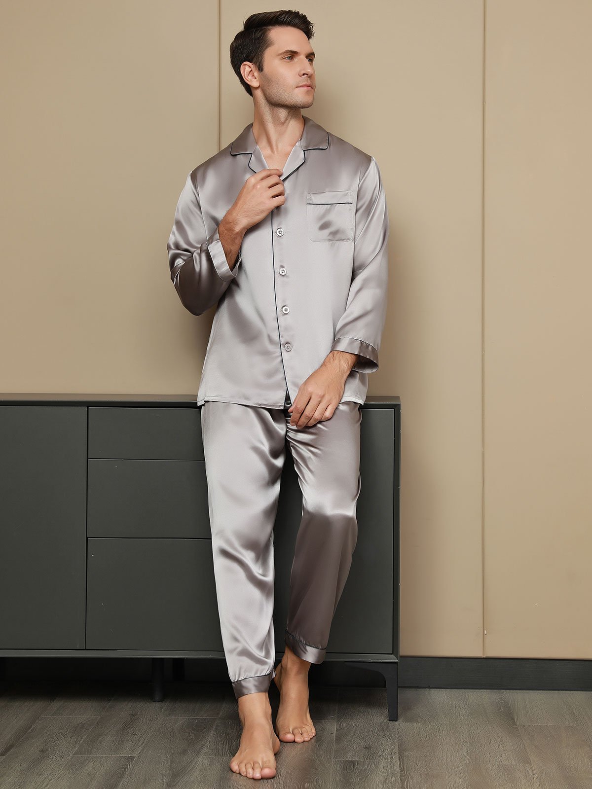 [Gray] SilkSilky-AU Pure Silk Long Sleeve Lapel Men's Pyjamas 004