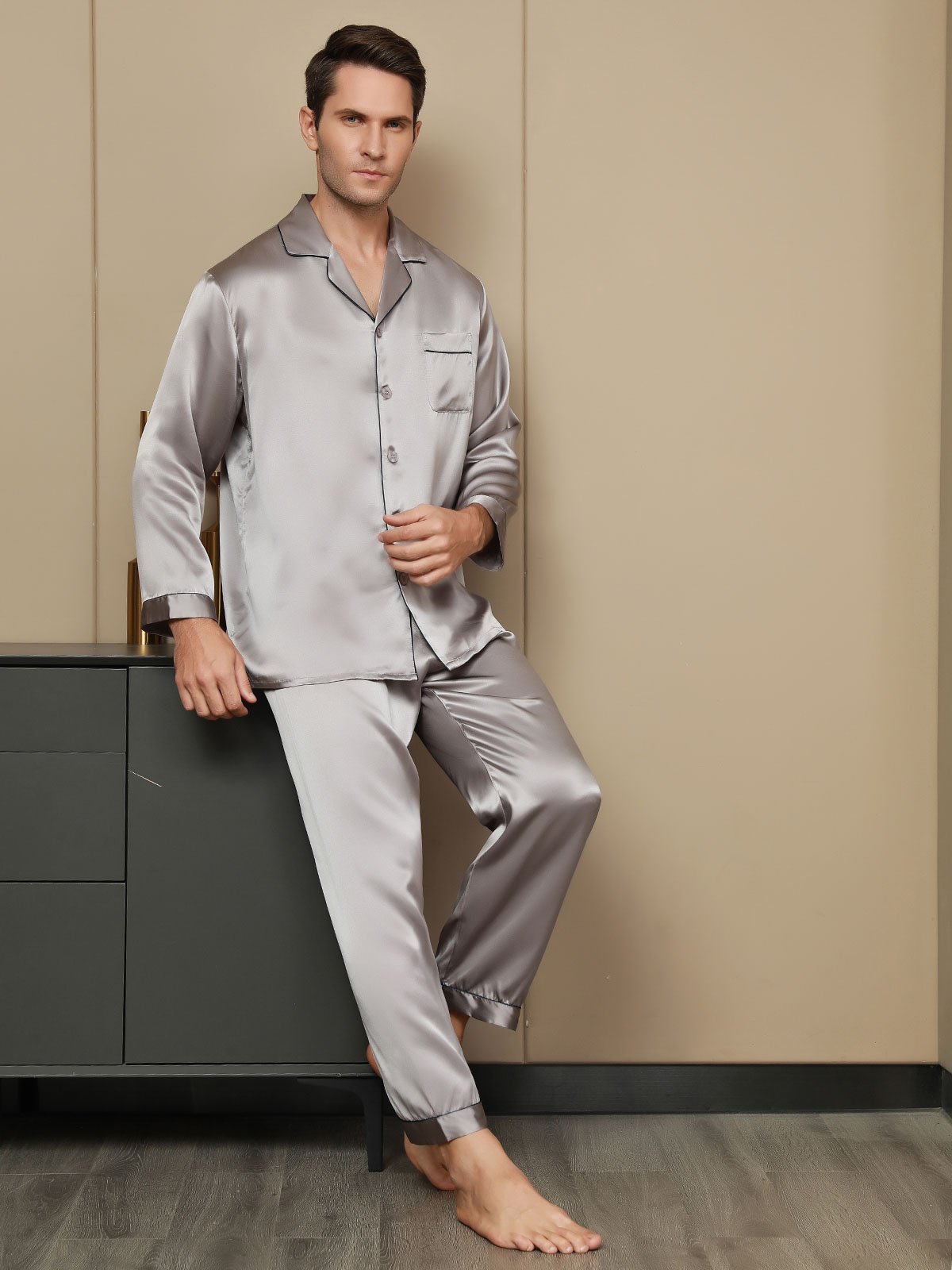 [Gray] SilkSilky-AU Pure Silk Long Sleeve Lapel Men's Pyjamas 006