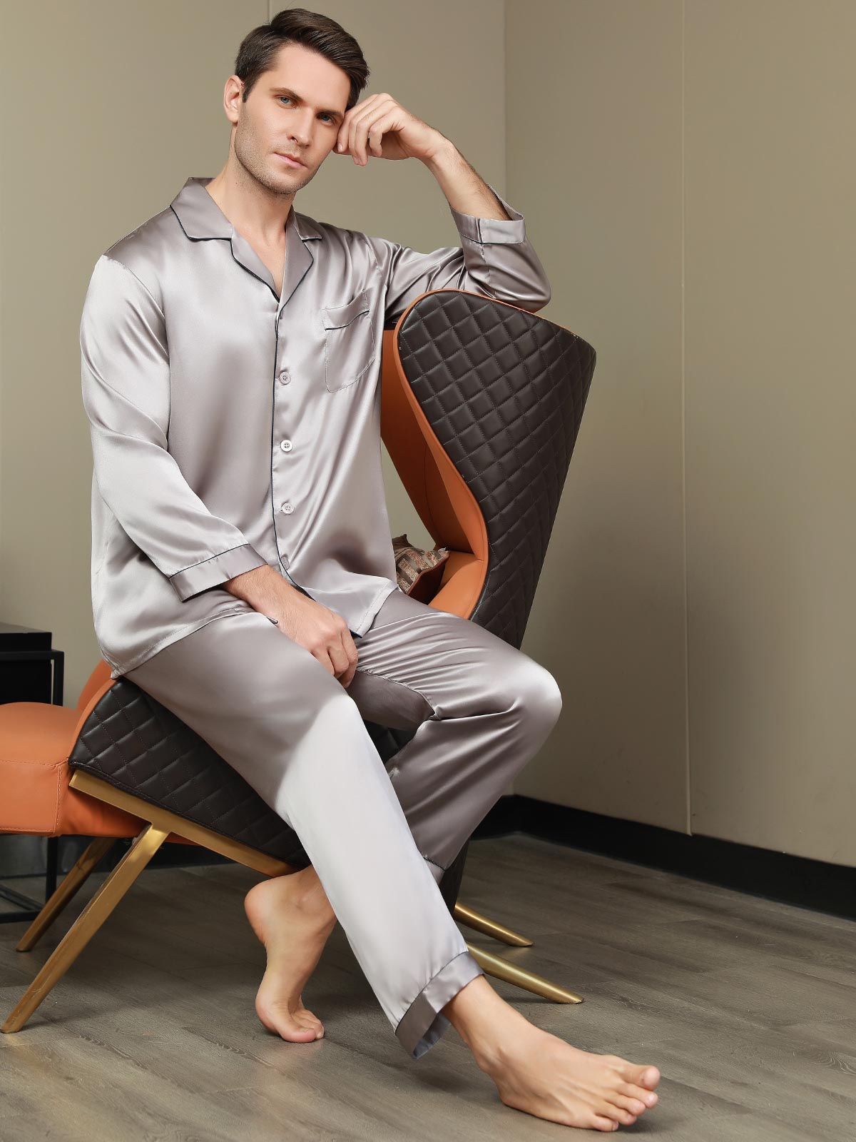 [Gray] SilkSilky-AU Pure Silk Long Sleeve Lapel Men's Pyjamas 007