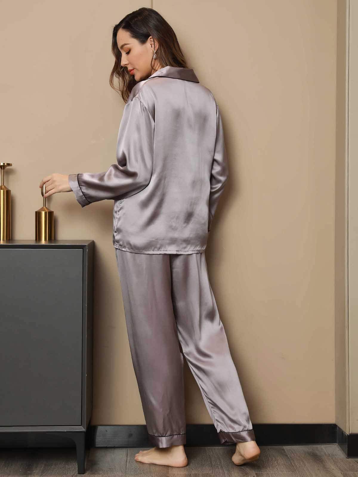 [Gray] SilkSilky-AU Pure Silk Long Sleeve Lapel Women's Pyjamas 002