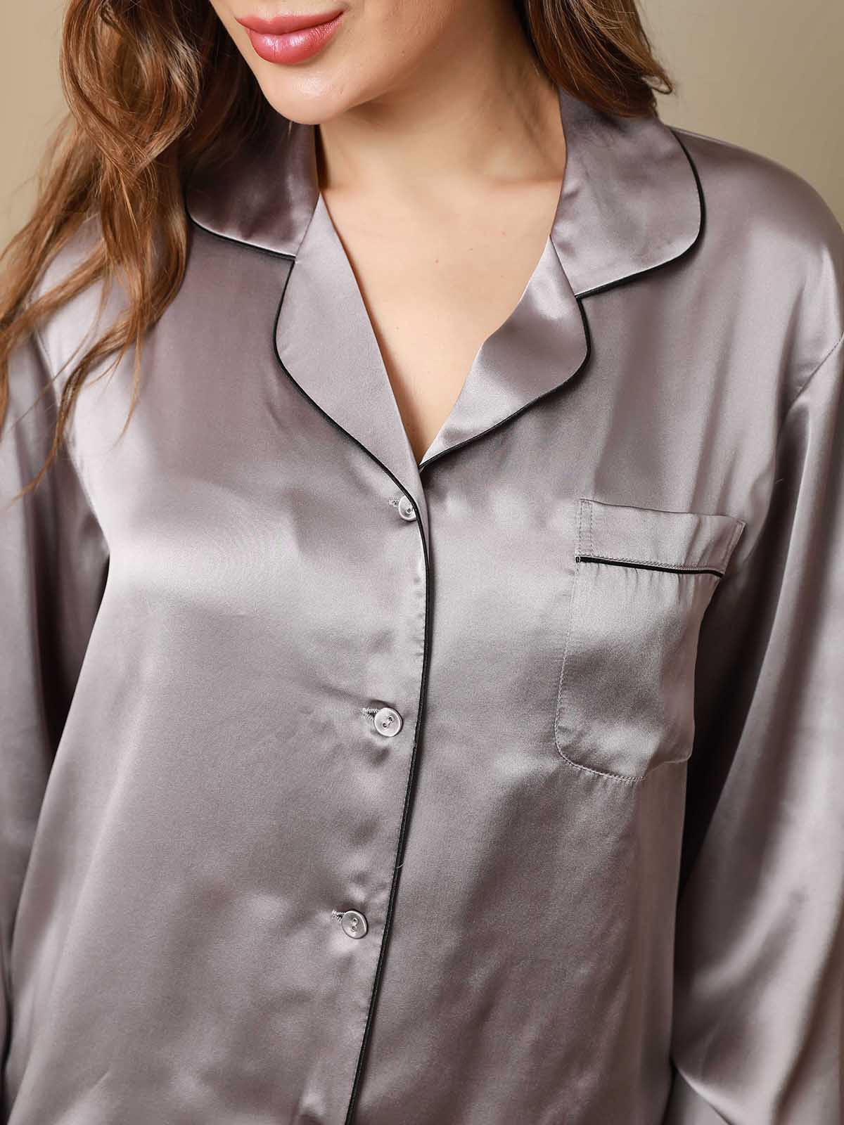 [Gray] SilkSilky-AU Pure Silk Long Sleeve Lapel Women's Pyjamas 007