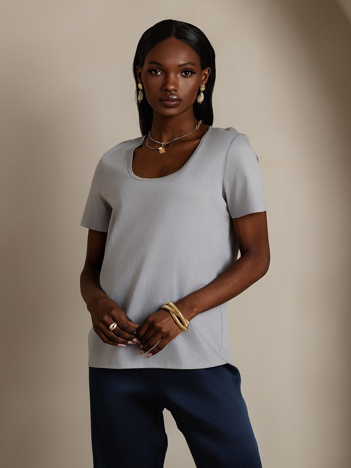 [Gray] SilkSilky-AU Silk Short Sleeve U Neck Women's T-Shirt 003